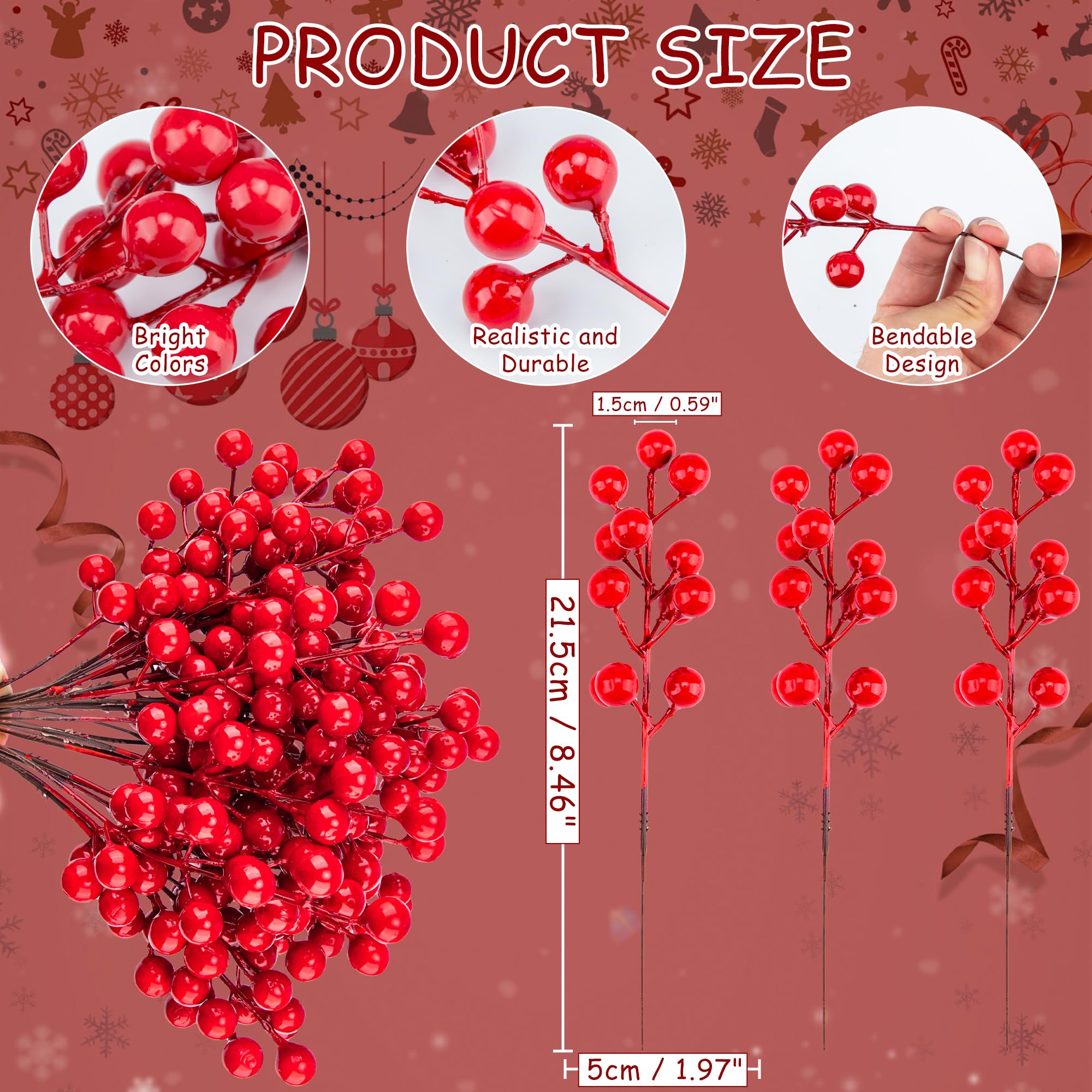 24 Pcs Christmas Tree Decorations,Red Christmas Ornaments Set Artificial Berry Stems Branches,8.1 Inch Faux Holly Berries for DIY Garland Wreath Christmas Crafts,Winter Home Decor Christmas Picks
