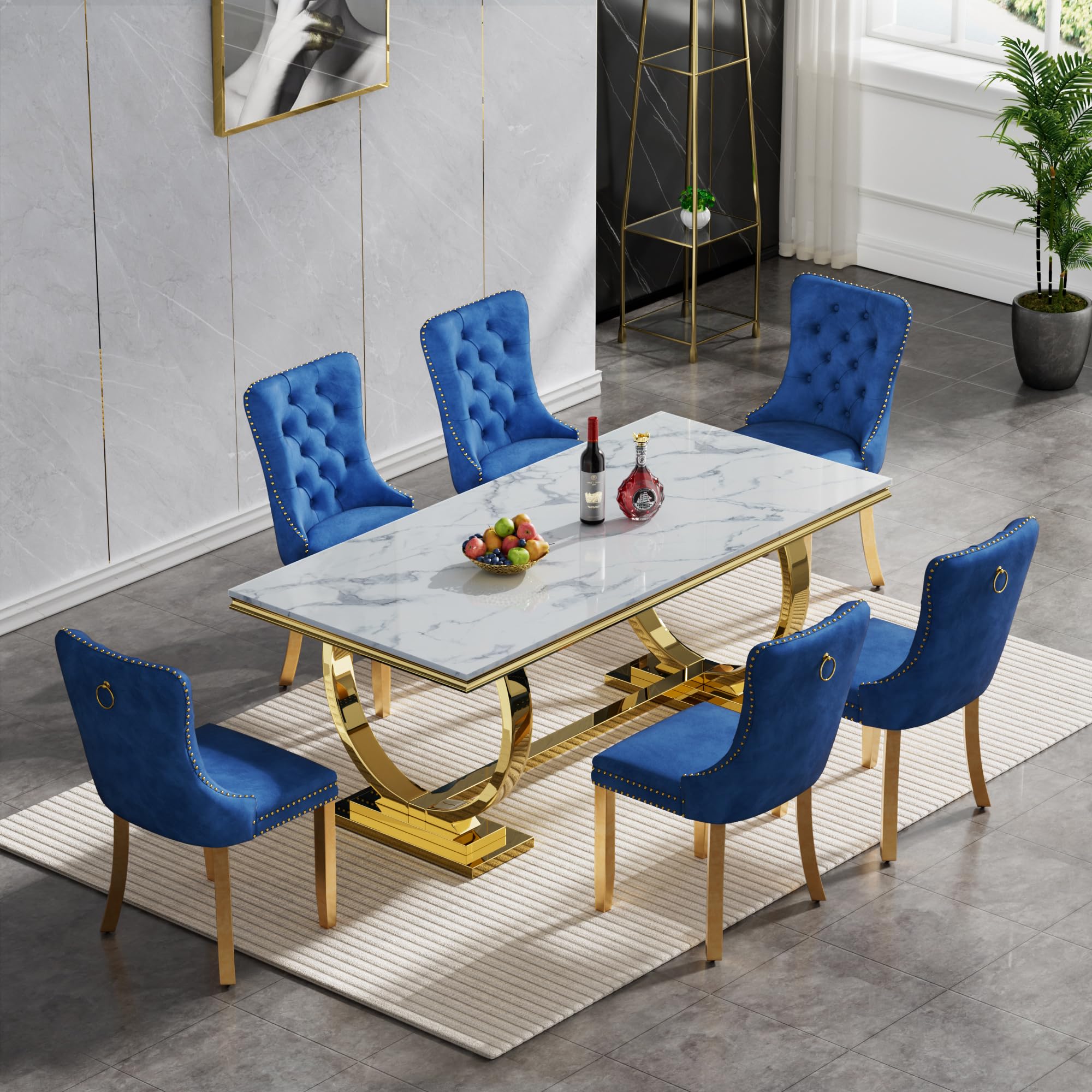 7 Piece Marble Dining Table Set for 6, Luxury White Marble Gold Kitchen Table with 6 Blue Velvet Upholstered Chairs, Modern 6 Person Dining Room Table Set for Kicken Dining Office Room