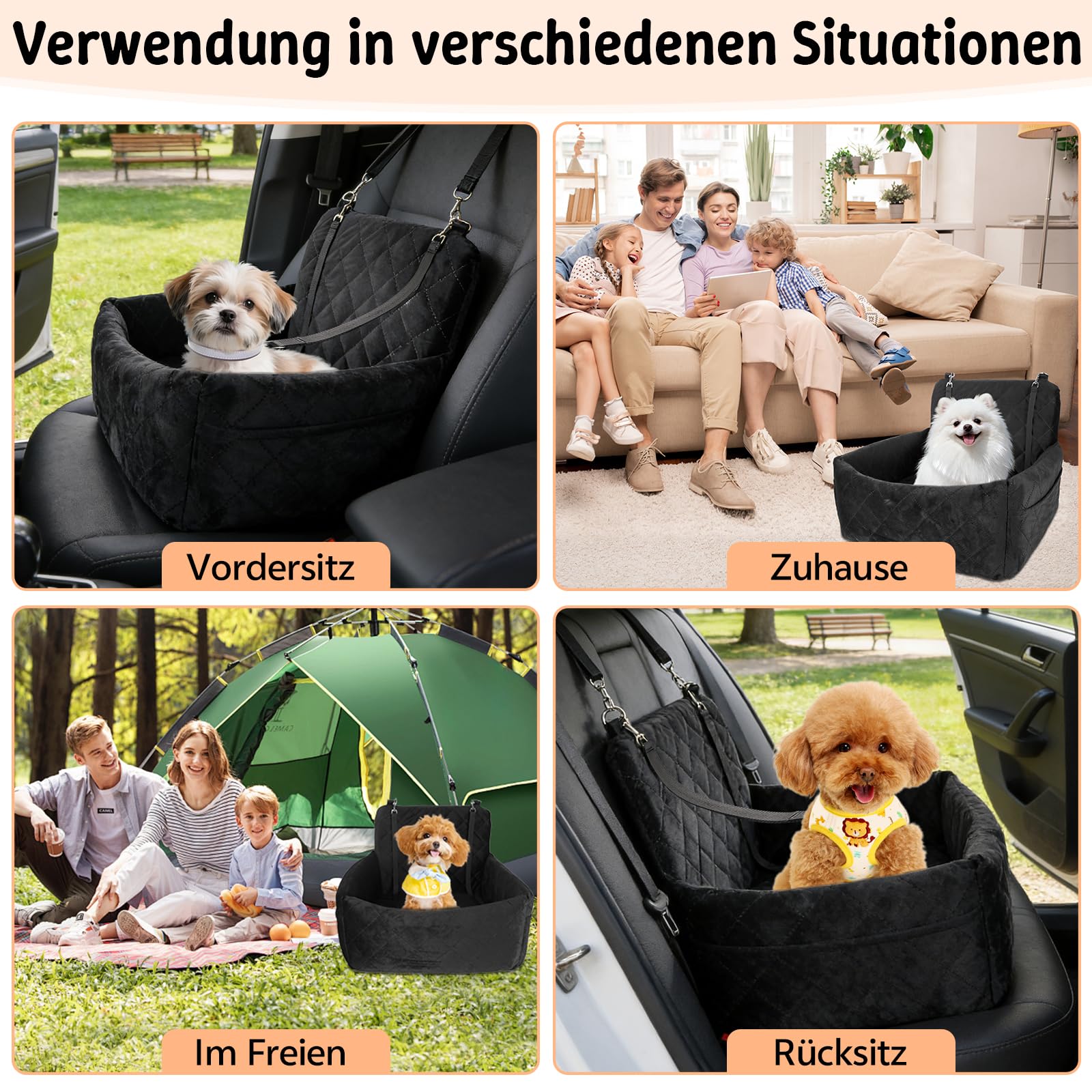 Hundeautositz bis 9 kg, Memory-Schaum Hundebooster mit Plüsch-Samt-Bezug, Rutschfeste Unterseite & 2 Sicherheitsgurte, Waschbares Reise-Hundebett mit Sicherheitsleine, 45x45x34cm