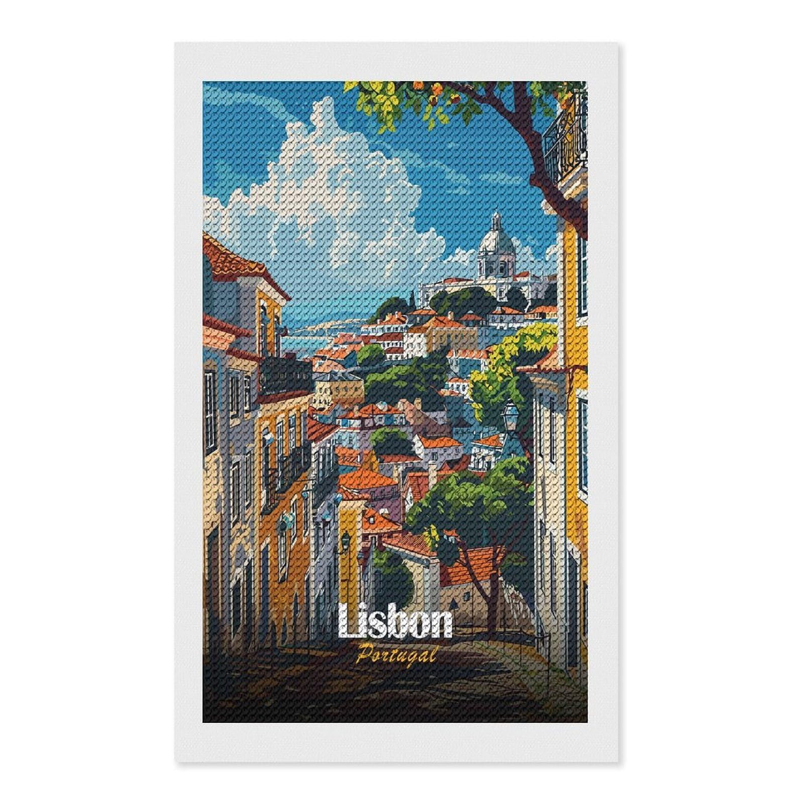 Junmoney Lisbon, Portugal Cityscape Illustration Diamond Painting Canvas Set 12"x20", for Women, Mindful Craft Activity, Cosy Home Accent, Festive Craft Gift