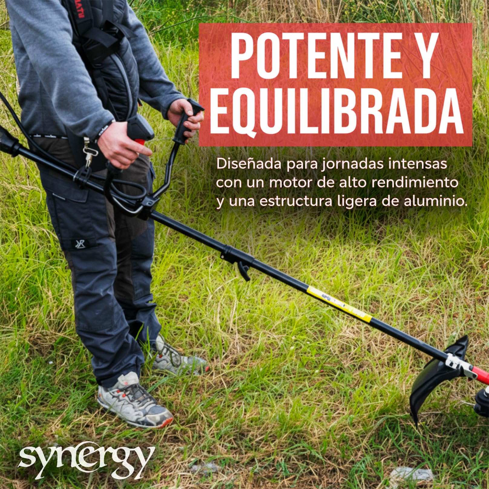 Synergy Desbrozadora Gasolina 2 en1-65cc 4,9cv Motor 2 Tiempos- Disco de 3 Puntas, Cabezal Automático, Arnés y 12m de Hilo