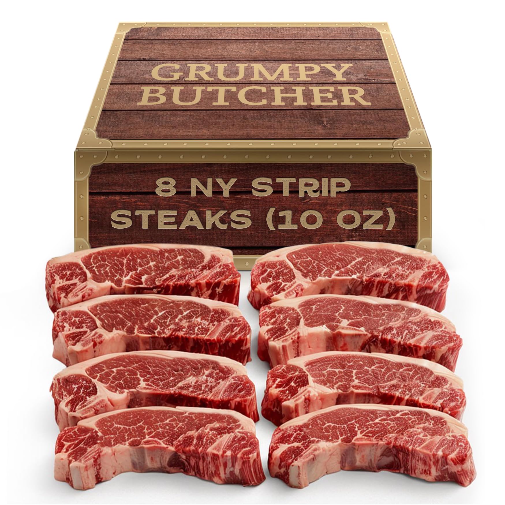 Grumpy Butcher New York Strip Steaks, 8 Pack (10 oz each) - Prime Steakhouse Quality Beef NY Strip Steak Meat - Meat Gift Packages Specials Option Available