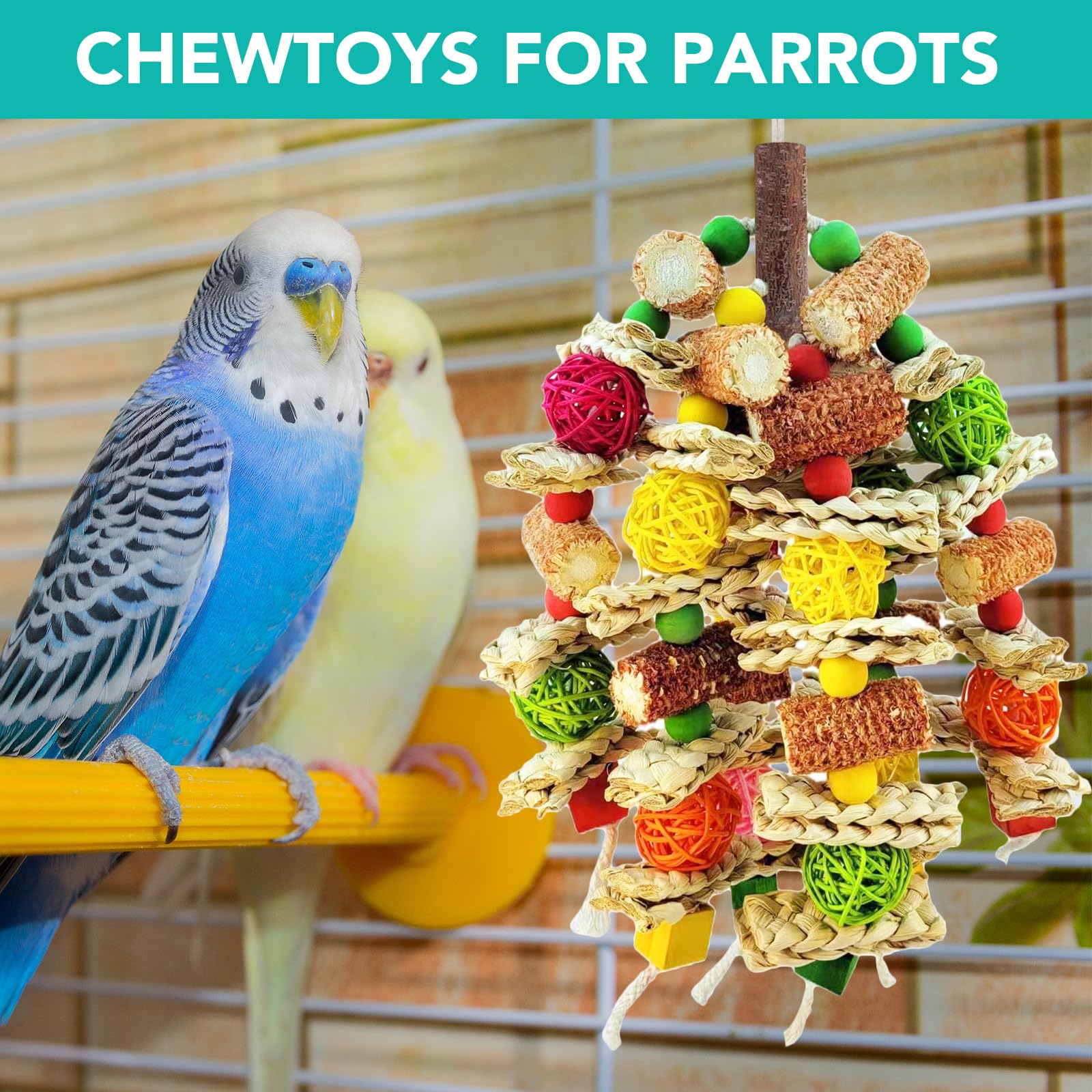 Parrot Chew Toy, Natural Material Bird Foraging Toy for Conures, Quaker Parrots, Medium-Sized Birds - Colorful Hanging Shredding Toy with Woven Ball, Corn Cob and Wooden Beads - image 6