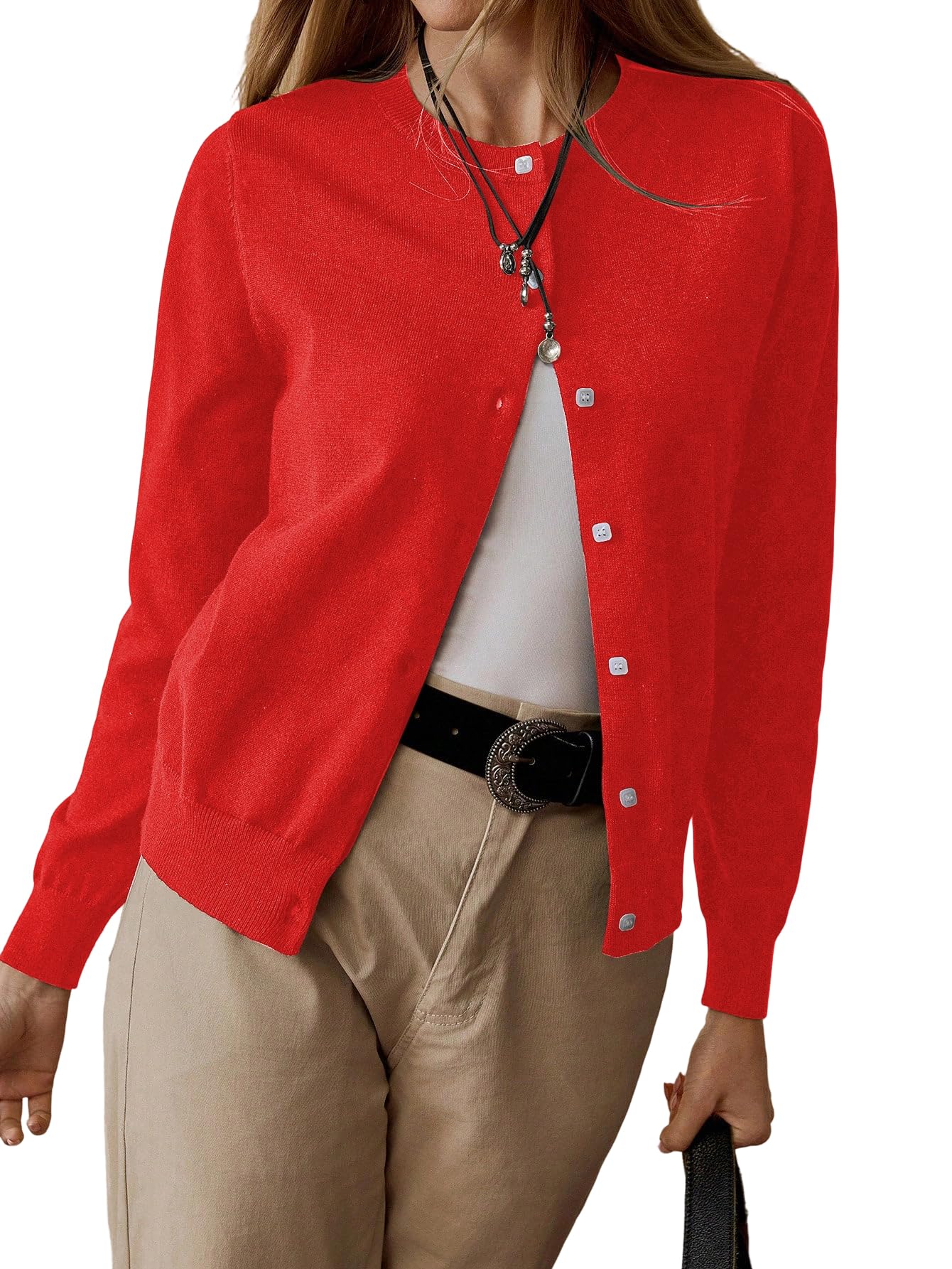 OYOANGLE Womens Lightweight Cardigan Button Front Knit Crew Neck Elegant Long Sleeve Sweater 70s Fall Fashion