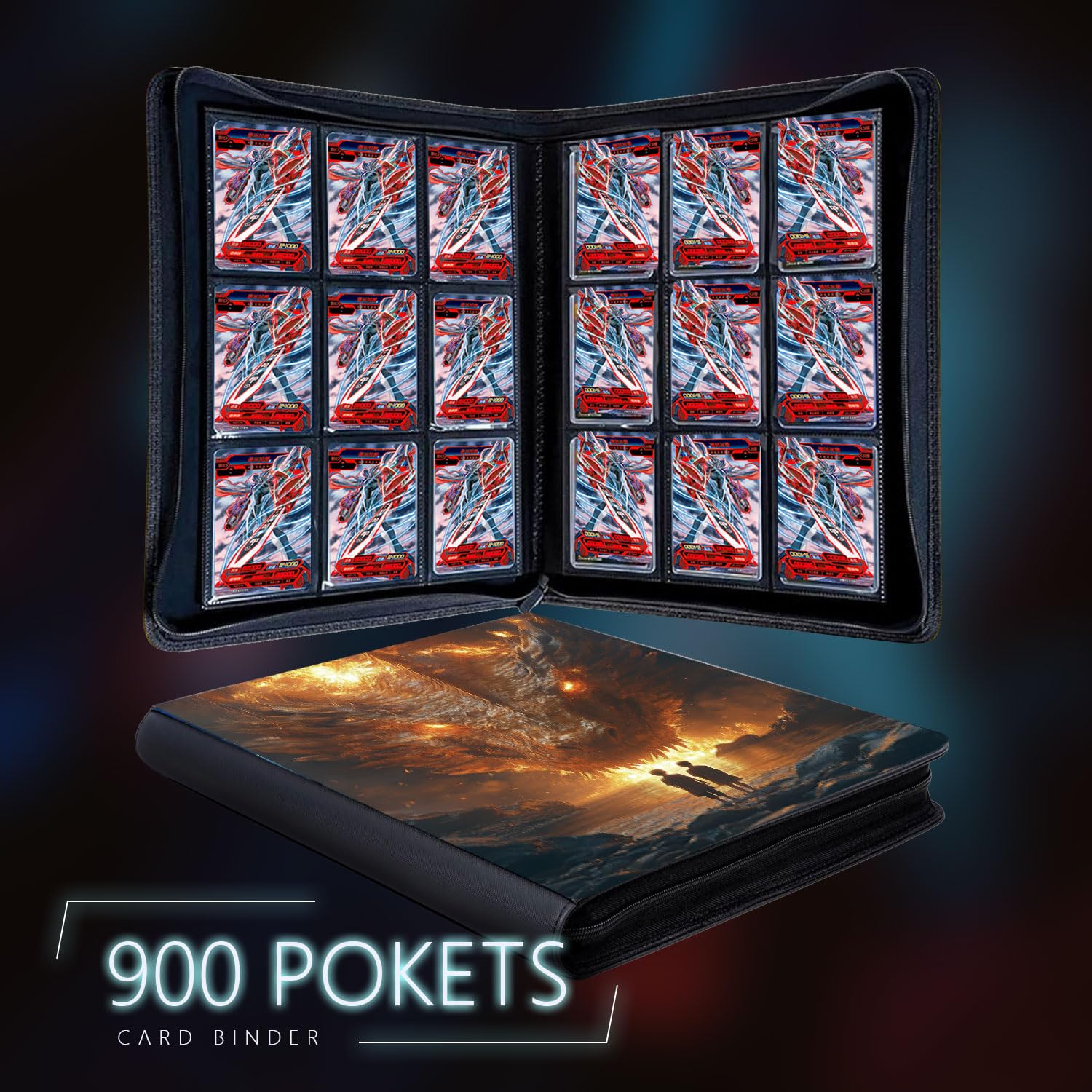 Raccoglitore per carte collezionabili a 9 tasche, per 900 carte, 50 pagine a caricamento laterale, cartella con cerniera, impermeabile, per giochi di carte collezionabili, sport (EX-A)