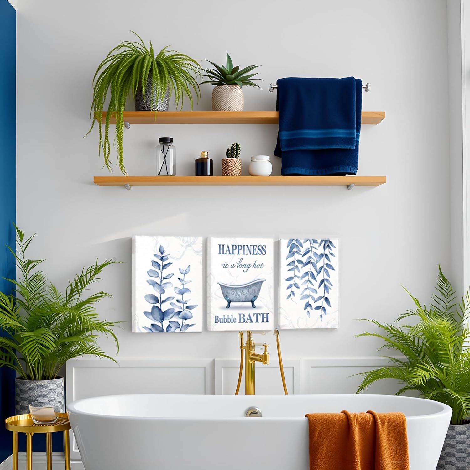 sechars Botanical Plant Canvas Wall Art Minimalist Boho Leaves Painting Pictures Decor Modern Blue Bathroom Decoration (Blue)