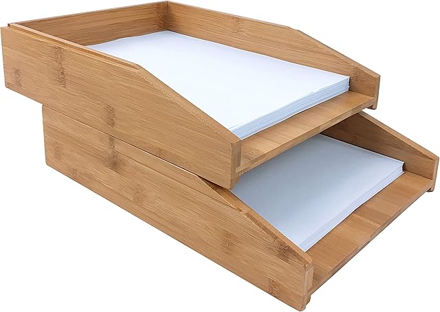 woodluv Set of 2 STACKABLE 100% Bamboo A4 Letter Tray Document Paper File Sorter Magazines Organizer