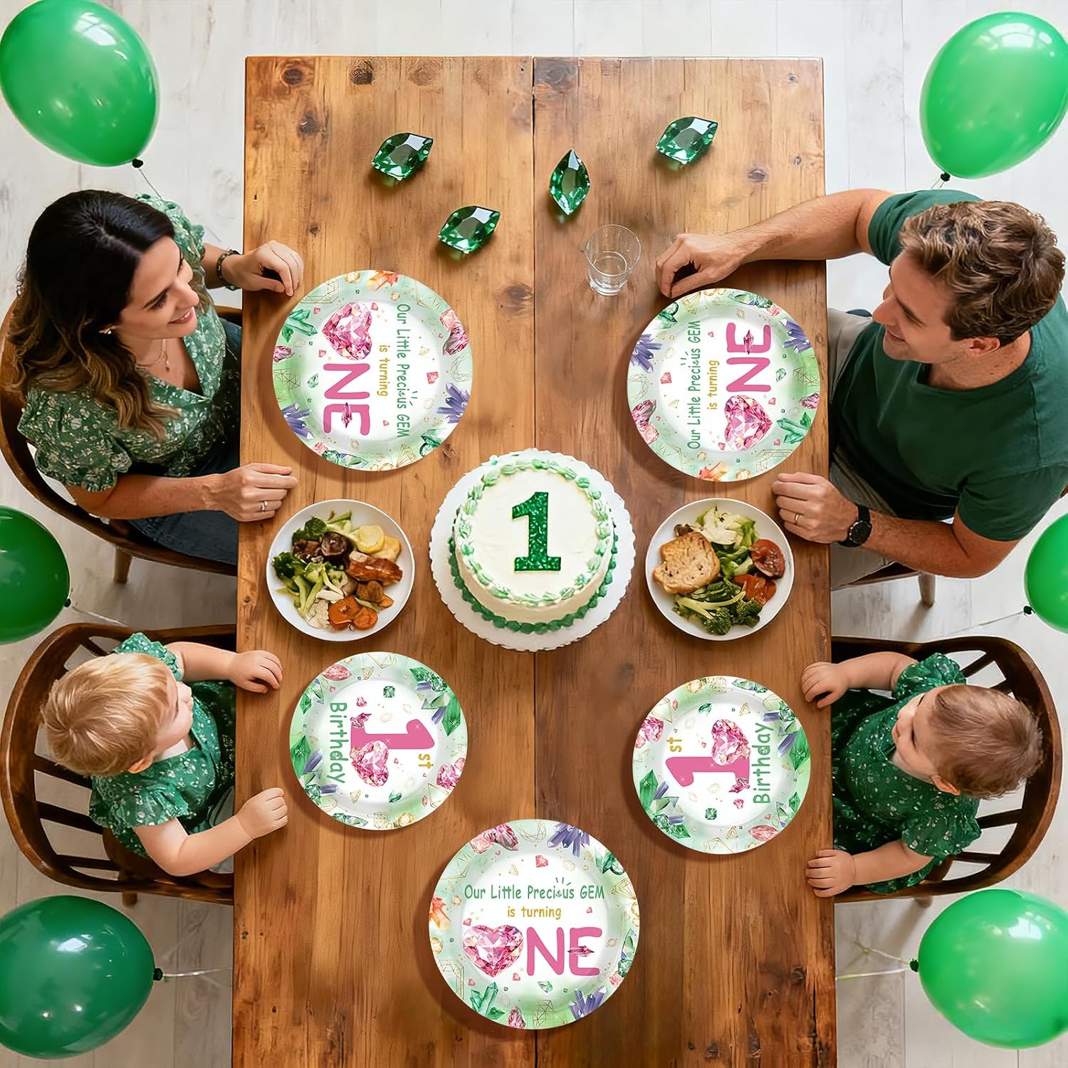 96Pcs 1st Birthday Party Supplies Gem Stone Plates and Napkins Our Little Precious Gem is Turning One Green Crystal Jewel Tableware Sets for 1st Birthday Girl Boy One Year Old Party Serve 24