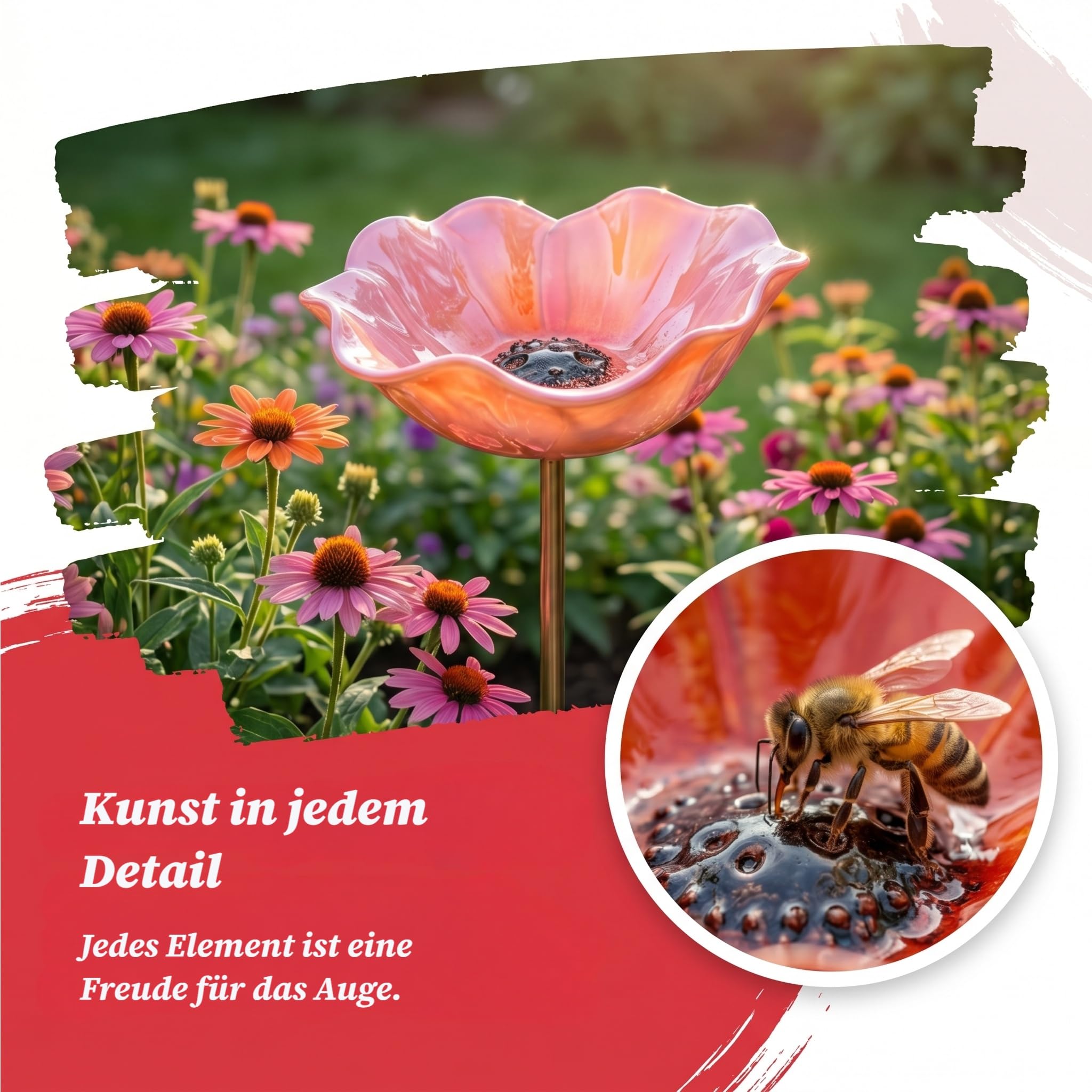 3 Stück Vogeltränke Blume aus Metall, Blumen Gartenstecker Vogeltränke, Handgefertigter Gartenstecke, Insektentränke Gartens, für Garten, Vögel, Bienen, Schmetterlinge (Rot, Gelb, Rosa)
