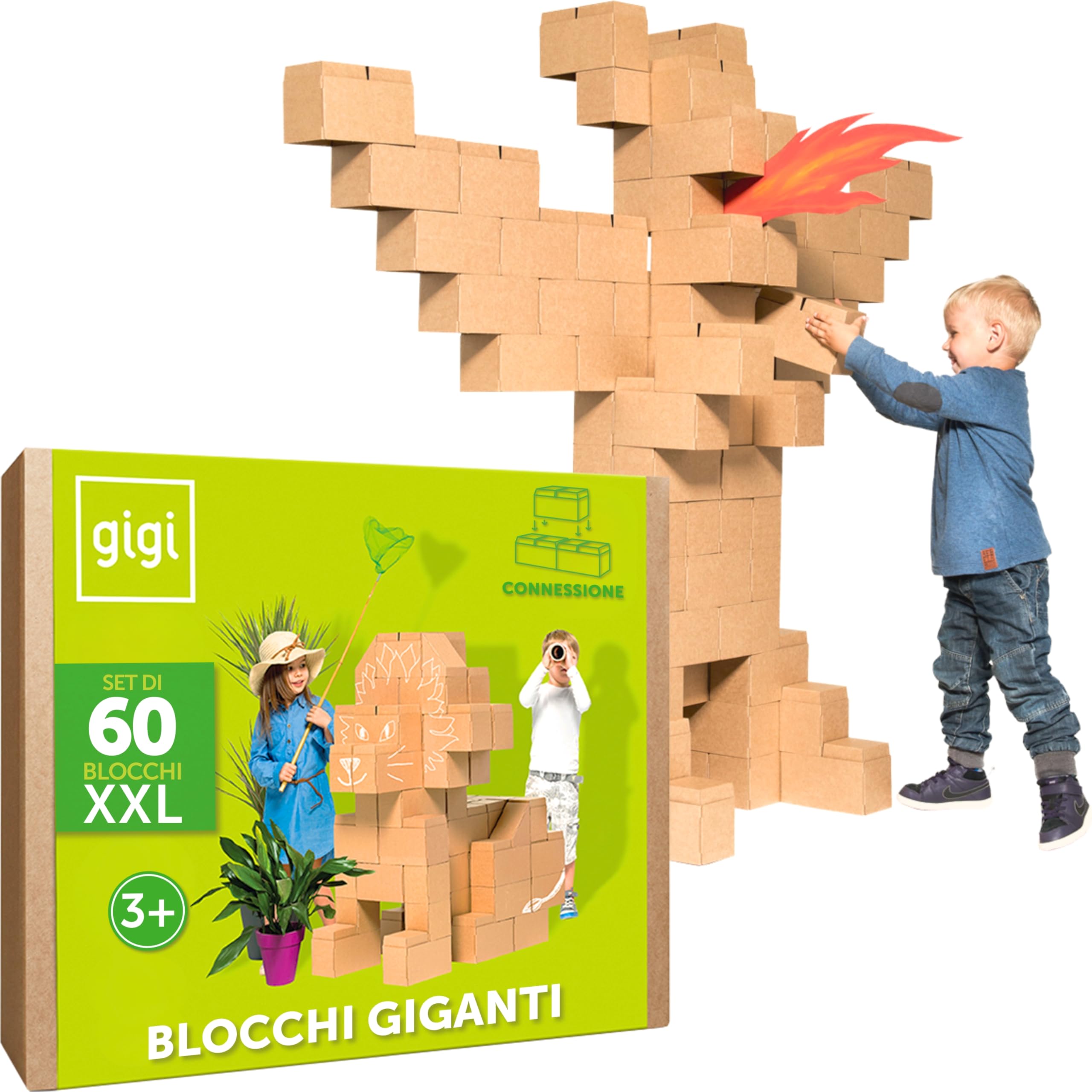 GIGI BLOKS 60 Mattoncini Costruzioni Grandi per Bambini XXL Impilabili & Incastro | Cartone Blocchi Costruzioni per Bambini Robusti e Facili da Montare | Grandi Giochi Montessori Creativi & Educativi