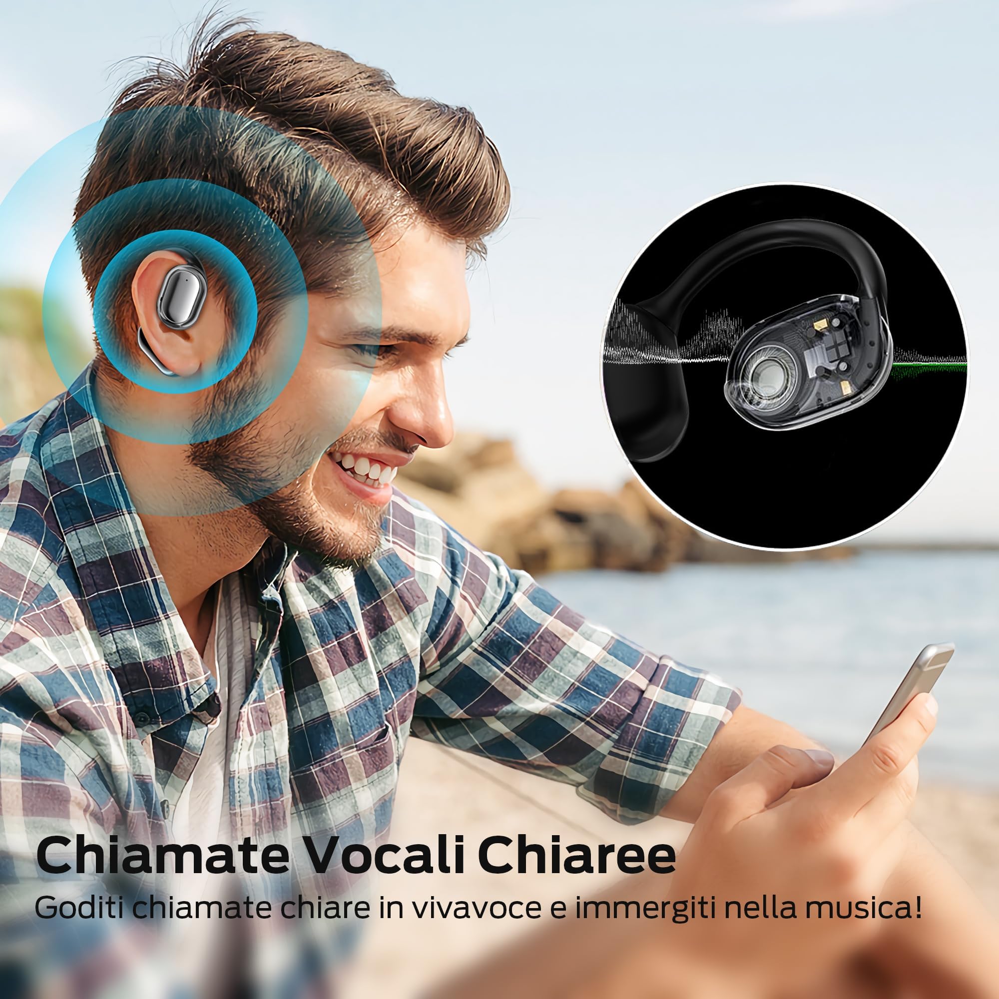 BUGANI Cuffie Bluetooth, Auricolari Wireless Open Ear Bluetooth 5.4, 30 Ore, Driver Di Grande Dimensioni Da 16,2 mm, Over Earbuds, Auricolari Sportivi Impermeabili Per Esterno