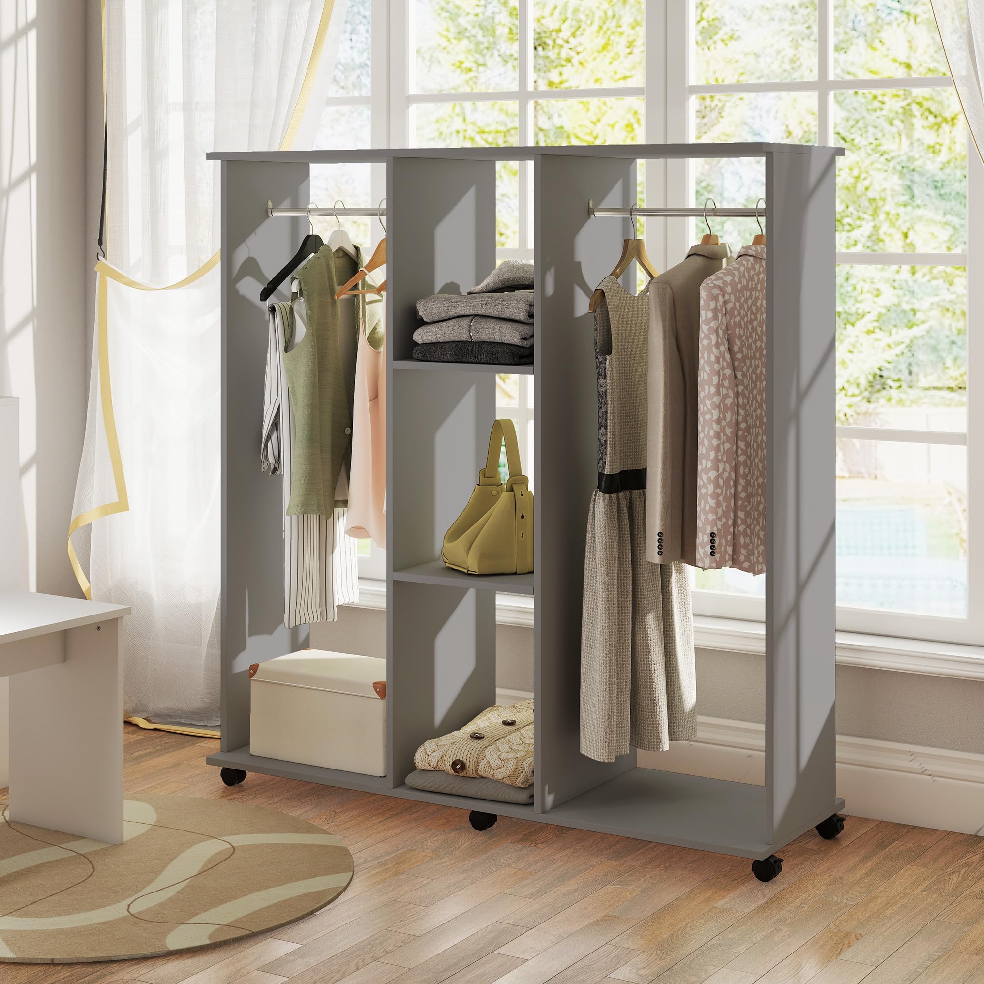 HOMCOM Armoire Penderie Meuble de Rangement Mobile 6 roulettes 120L x 40l x 128H cm en Bois Gris