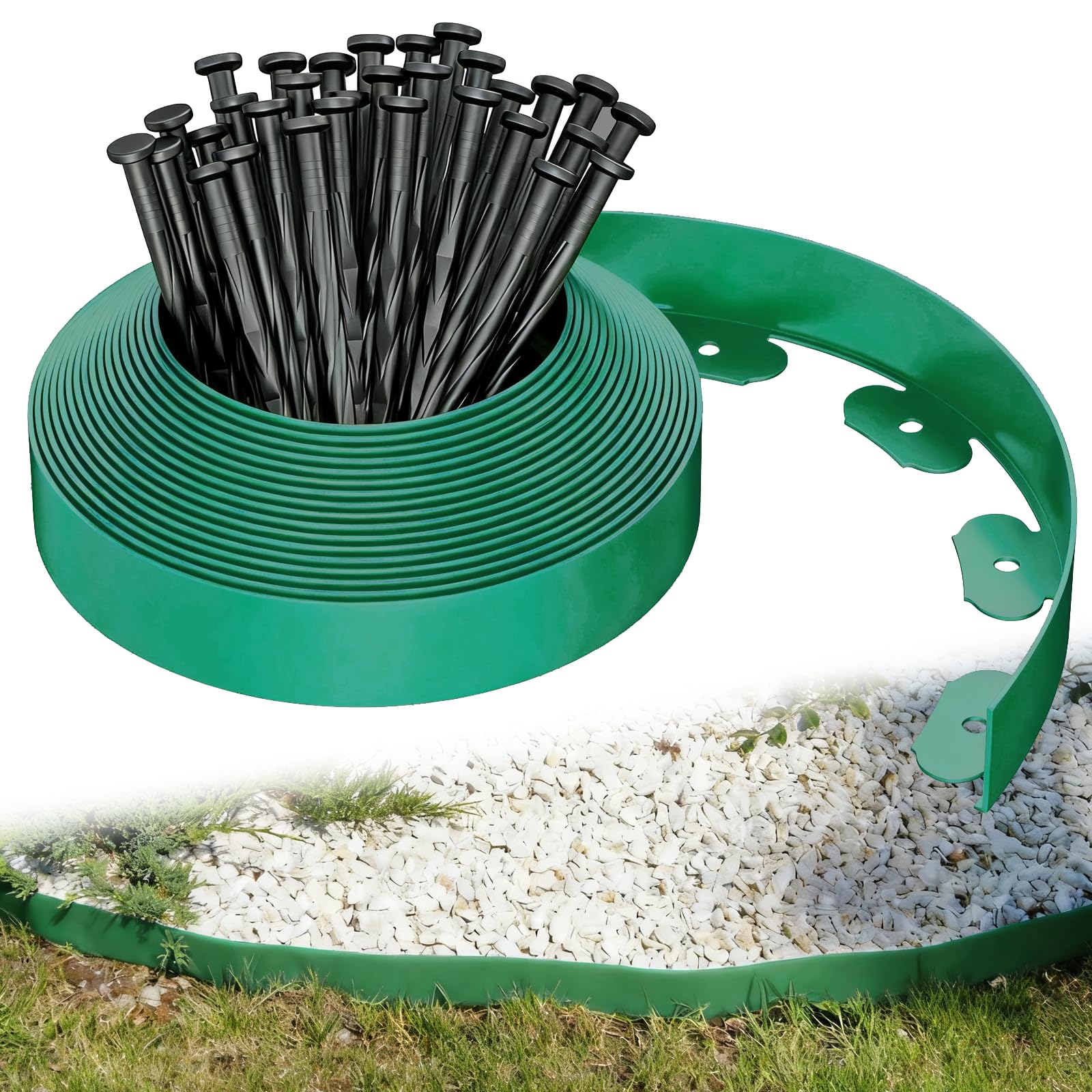 Lawn Edging,10M Garden Edging Border with 40 Pegs, Plastic Flexible Lawn Edging, Kit Mini Fence for Path Yard Flower Beds Pavement, Landscaping Garden Flower Beds (Green)