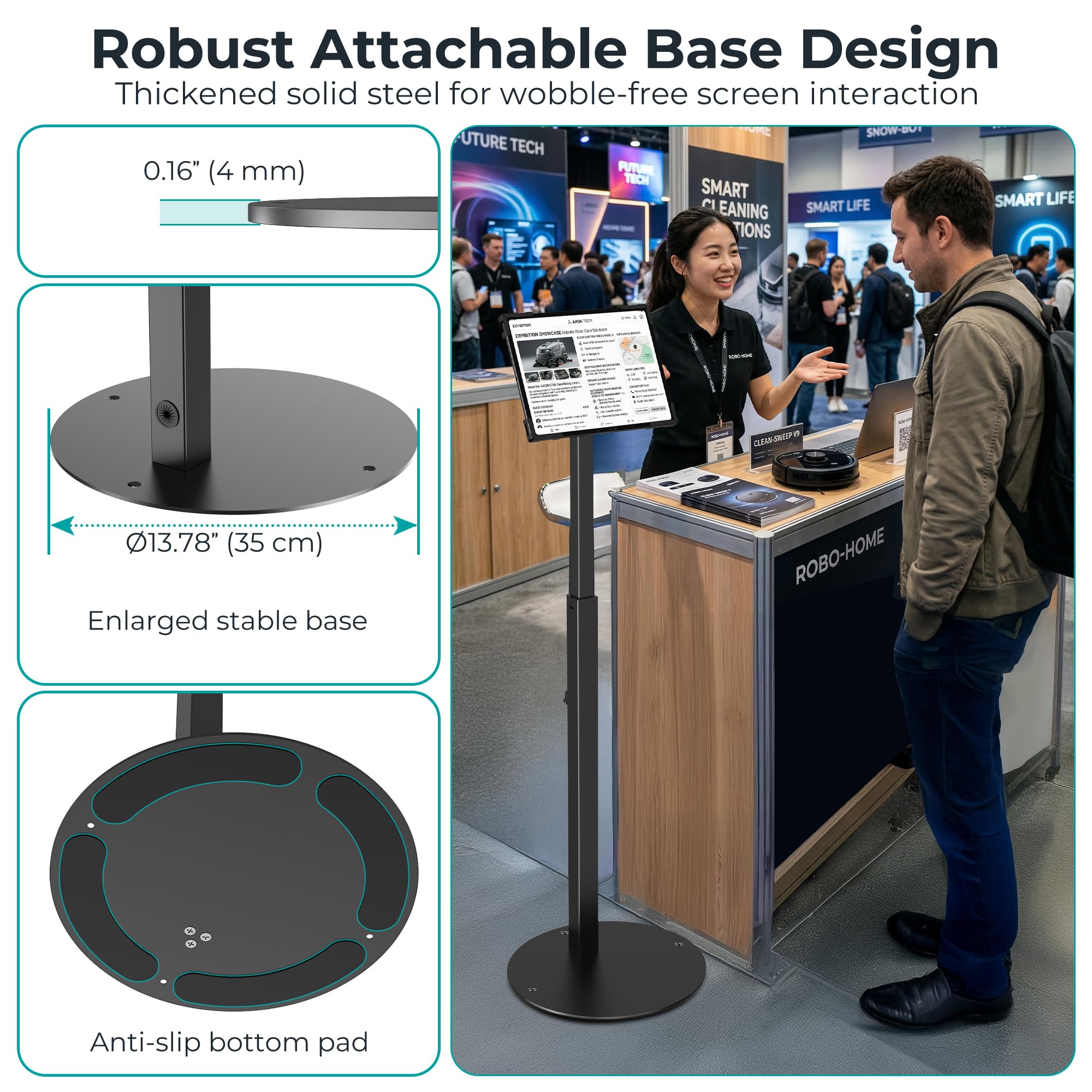 Diebstahlsicherer iPad Kiosk Ständer, Höhenverstellbarer Tablet Bodenständer Für POS Kasse, Halterung 10-14" iPad Pro 12.9 11 10.9, Galaxy Tab, Surface Pro, 360° Drehbar, Schwarz