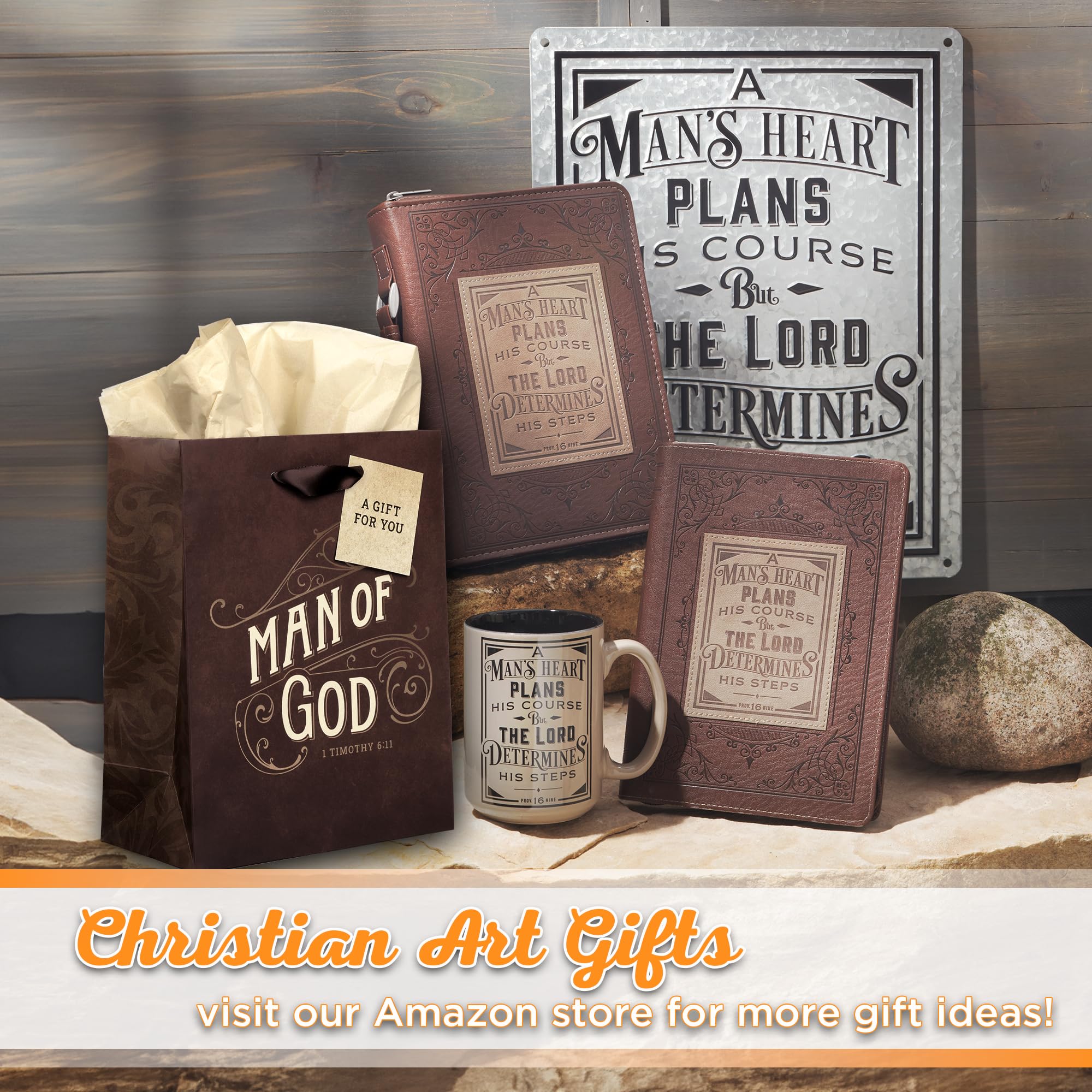 Christian Art Gifts Medium Portrait Gift Bag & Tissue Set for Men: Man of God Inspirational Scripture, Satin Handles, Brown & Gold