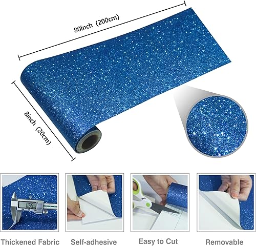 Miniatura 8 de CRE8TIVE Papel tapiz azul con purpurina para pegar y despegar, extraíble, autoadhesivo, borde azul, calcomanías decorativas de pared para