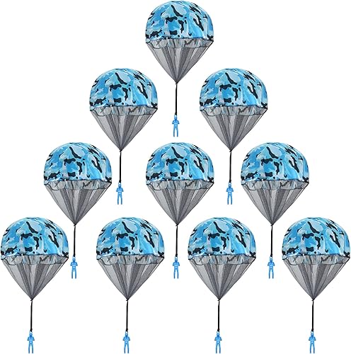 Catcan 10 piezas de juguete de paracaídas de camuflaje azul paracaídas para hombre, juguete de paracaídas sin enredos, lanzamiento de mano al aire