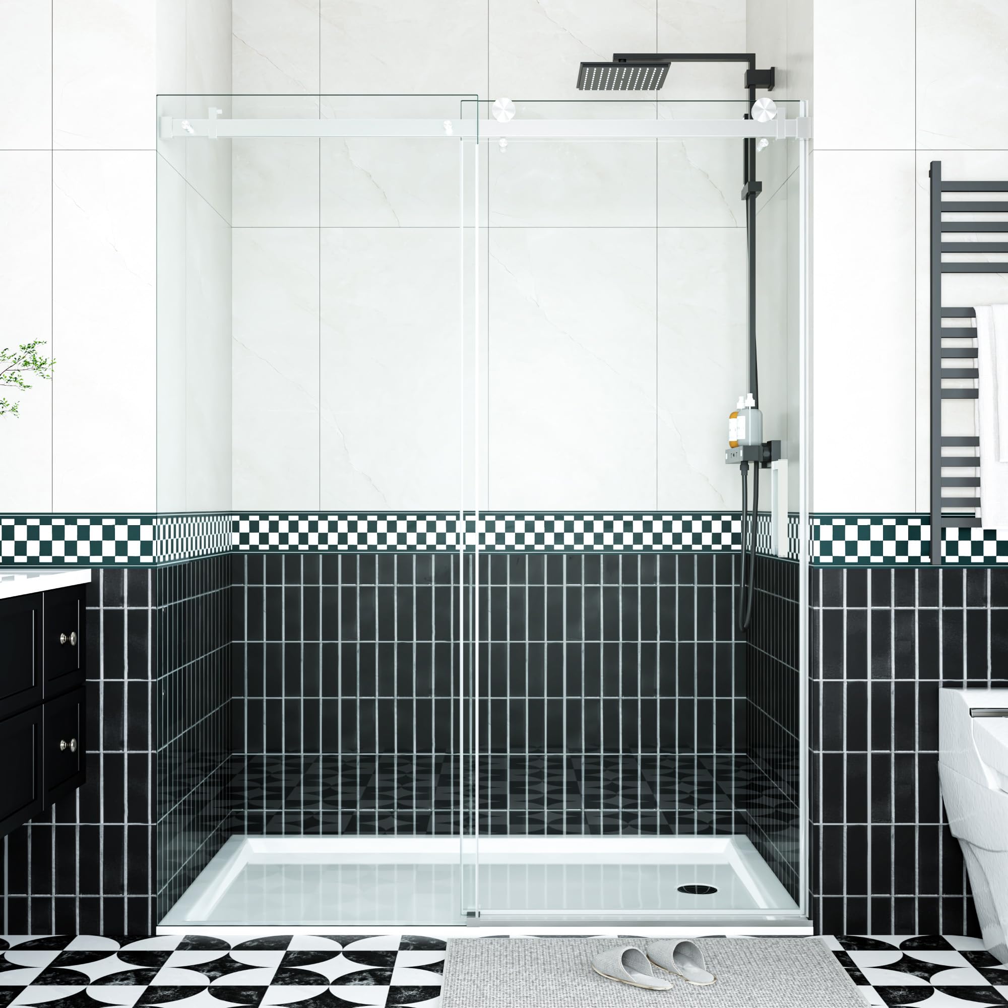 Frameless Shower Doors 56-60" W x 76" H, Sliding Door, 5/16" (8mm) Clear Tempered Glass, Space-Saving Design for Modern Bathrooms