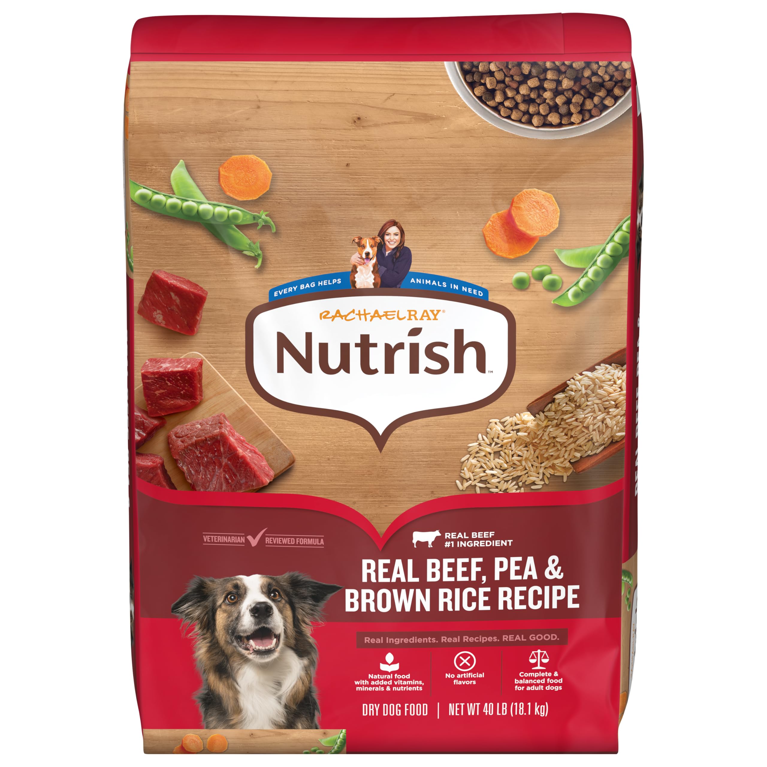 Nutrish Rachael Ray Adult Dry Dog Food Real Beef, Pea & Brown Rice Recipe, 40 lb. Bag (Packaging May Vary)