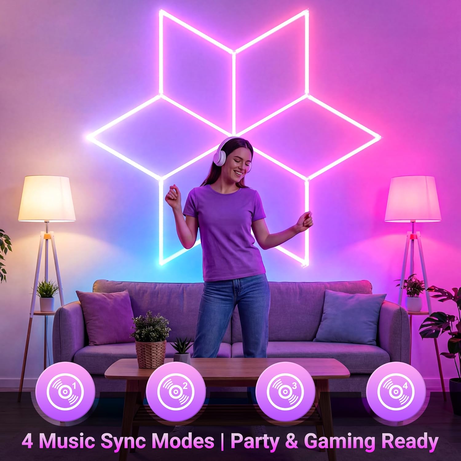 RGB Hexagon Lights - Music Sync Mode Hexagon Lights with Remote, RGB Light for Gaming Room, Workshop, Gym, Club, Bar, Parties Decoration