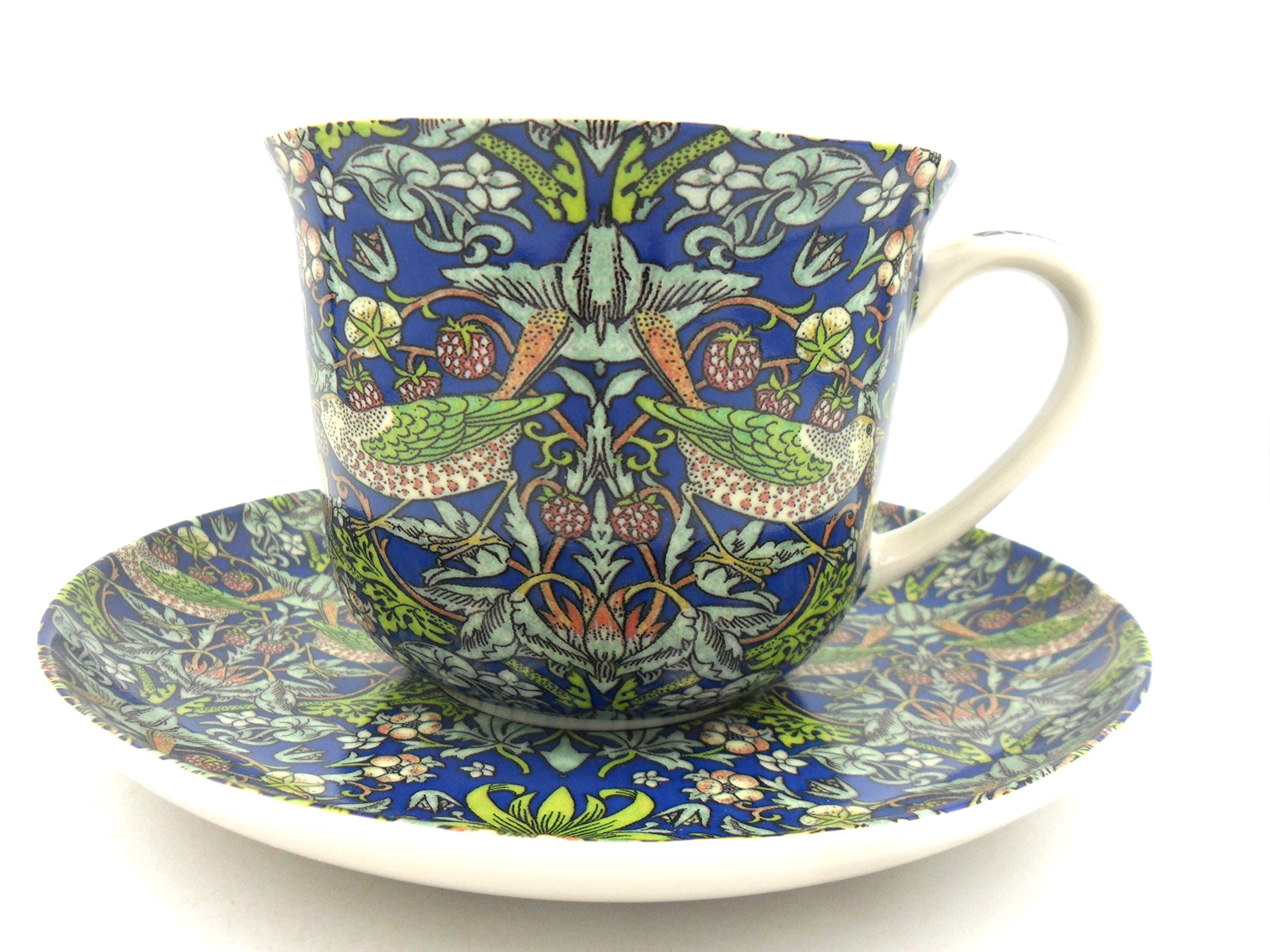 Abbeydale Collection Multicolor Gift Boxed Jumbo Cup And Saucer In William Morris Blue Strawberry Thief Design.