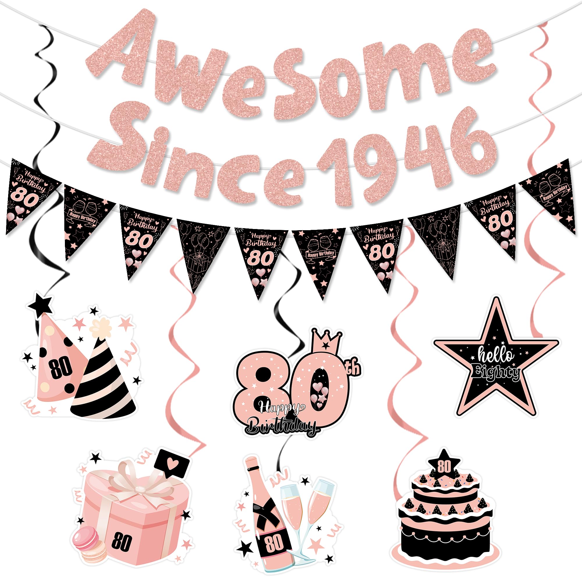 80th Birthday Decorations for Women Black Pink Party Supplies, Awesome Since 1946 Banner with Hanging Swirls, 80 Birthday Party Supplies for Men Women