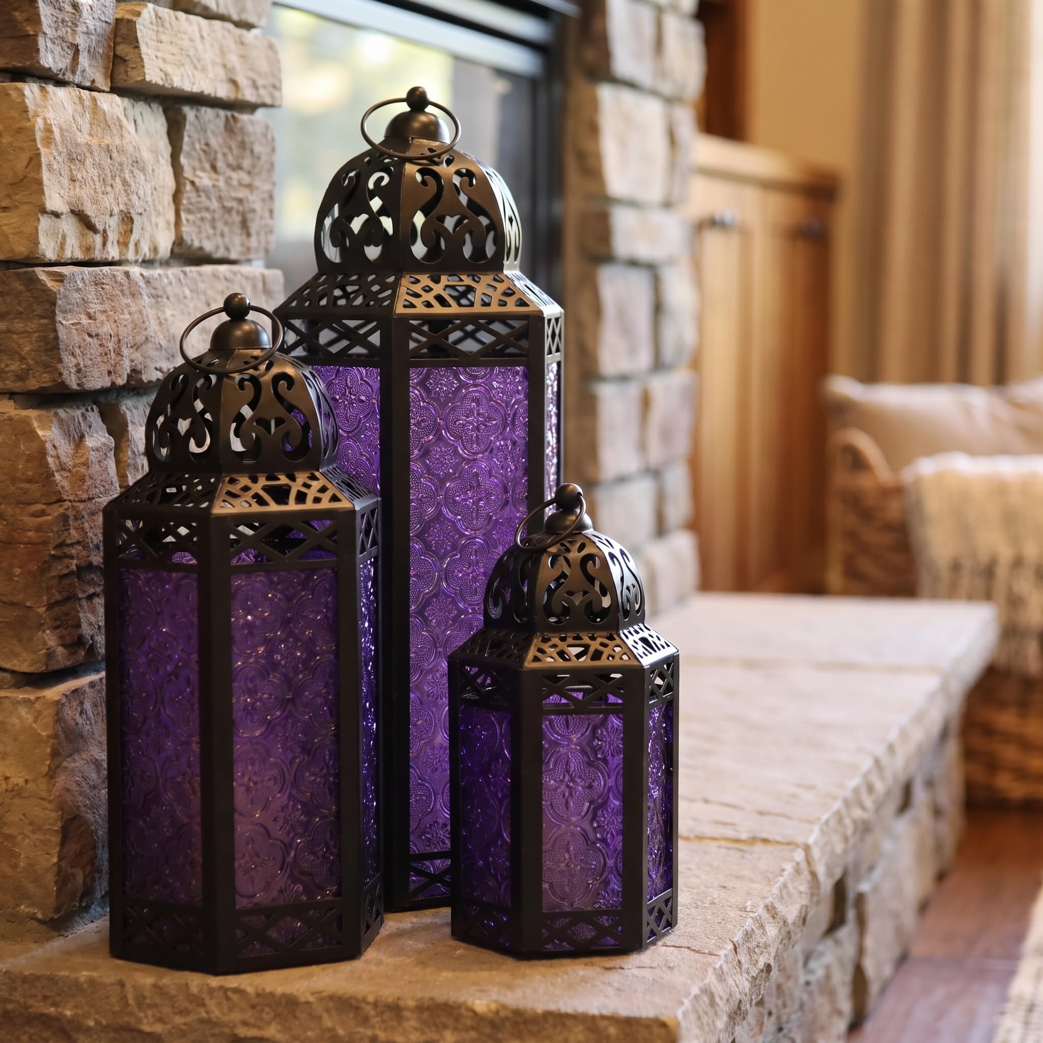 Vela Lanterns Zestaw 3 lampionów marokańskie świeczniki dekoracyjne na podłogę Ramadan dekoracja wnętrz dekoracja domu na zewnątrz patio ganek Halloween ślub fioletowy kolor