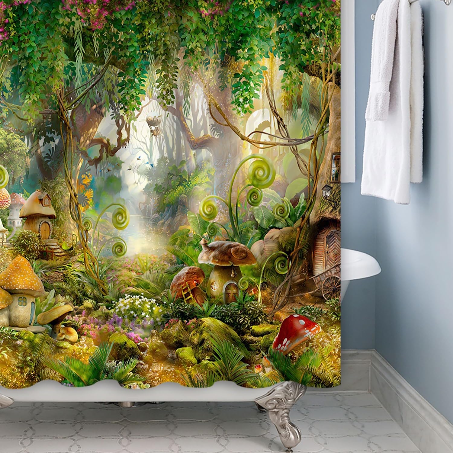Xiaoterna Fairy Tale Forest Shower Curtain Mushroom Green Tree Grass Bathroom Curtain Spring Magic Enchanted Forest Fantastic Jungle Shower Curtain Machine Washable Waterproof Fabric 180x220cm - Image 4