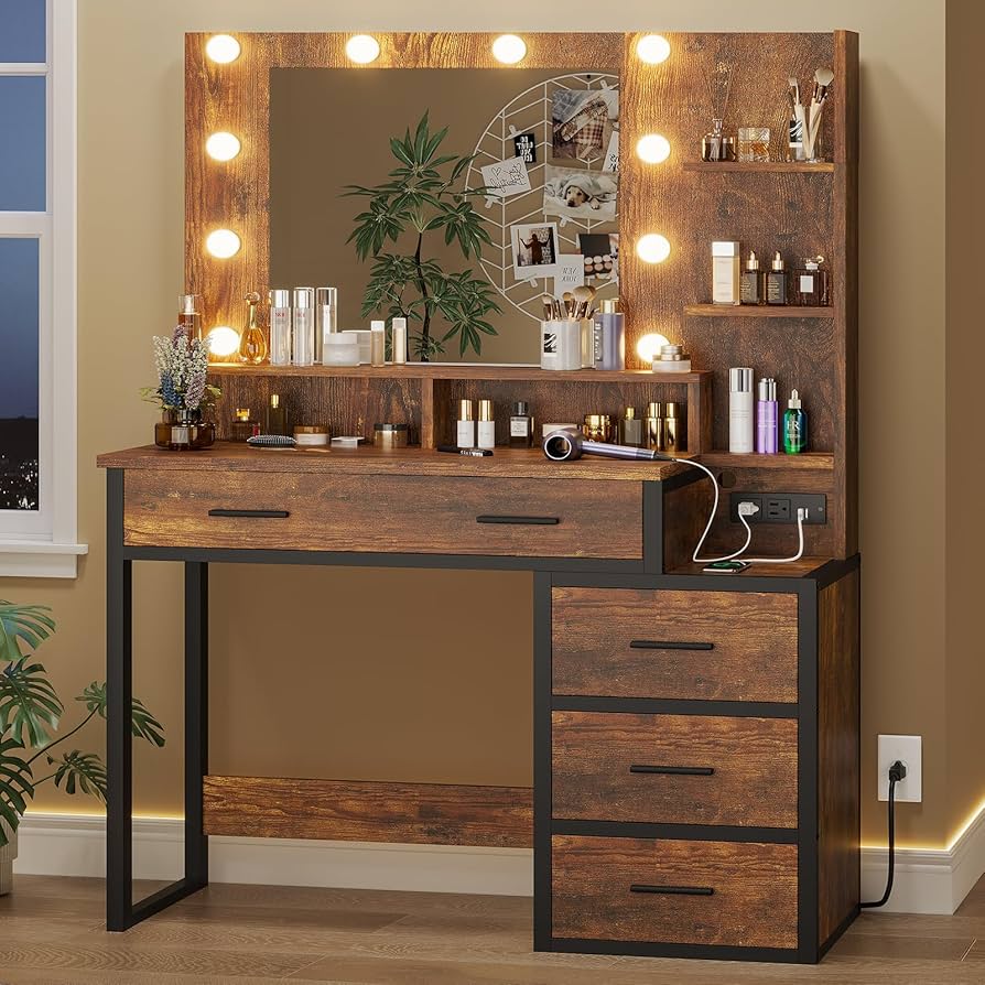 メイクアップ化粧台 照明付きミラーガラストップとLEDライト付き 大型