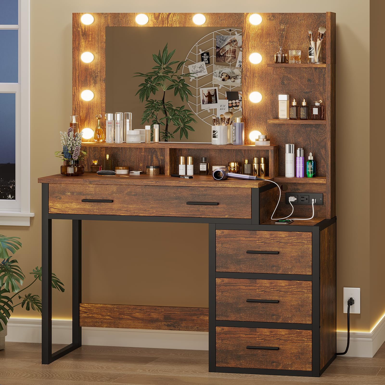 Amazon.co.jp: Tiptiper ヴィンテージ 化粧台 化粧台 鏡 LEDライト10個