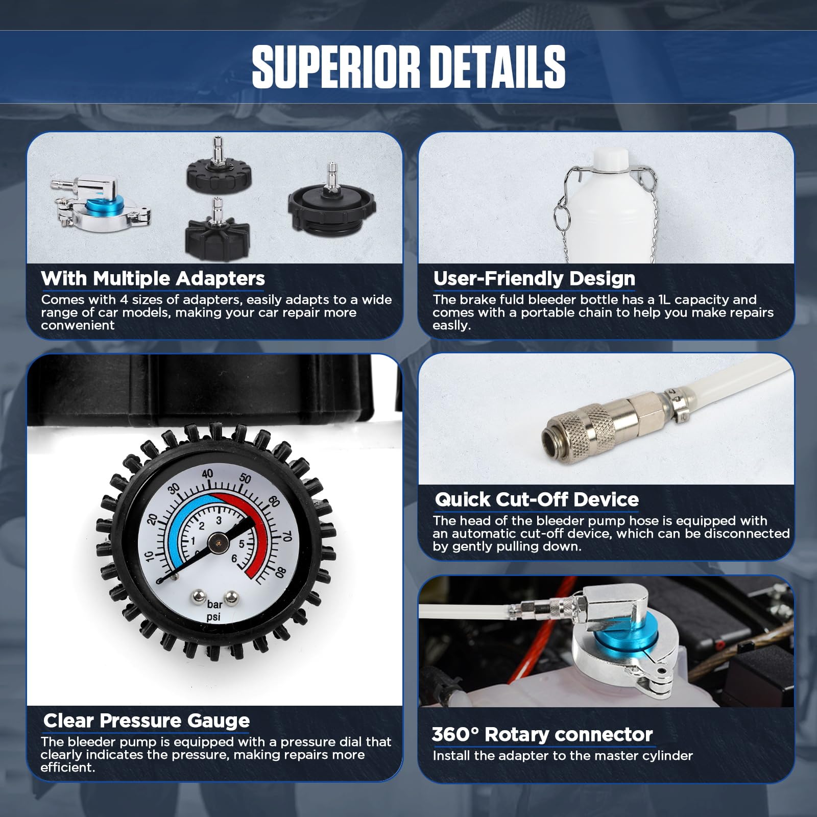 Kit Pompe à Vide Frein 3L, avec Bouteille 1L et 5 Adaptateurs Cylindre Moteur, Uni-Personne pour Tous Modèles Automobiles.automobiles