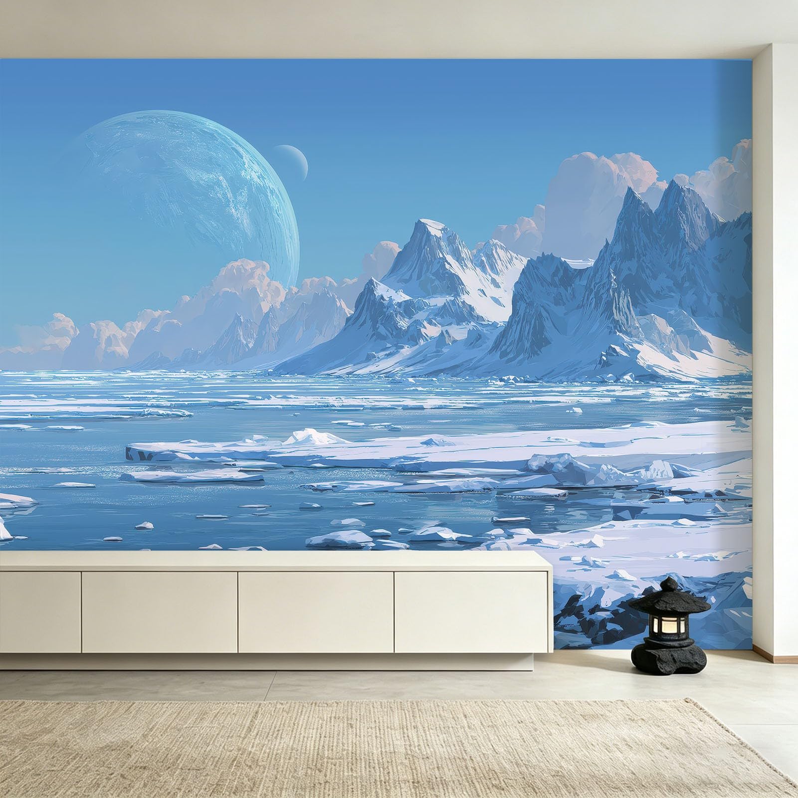 Panoramiczna tapeta z włókniny natura śnieżny krajobraz polar 200 x 140 cm - fototapeta dekoracja do salonu i sypialni, efekt 3D, śnieżna góra, lodowce, jeziora, niebo
