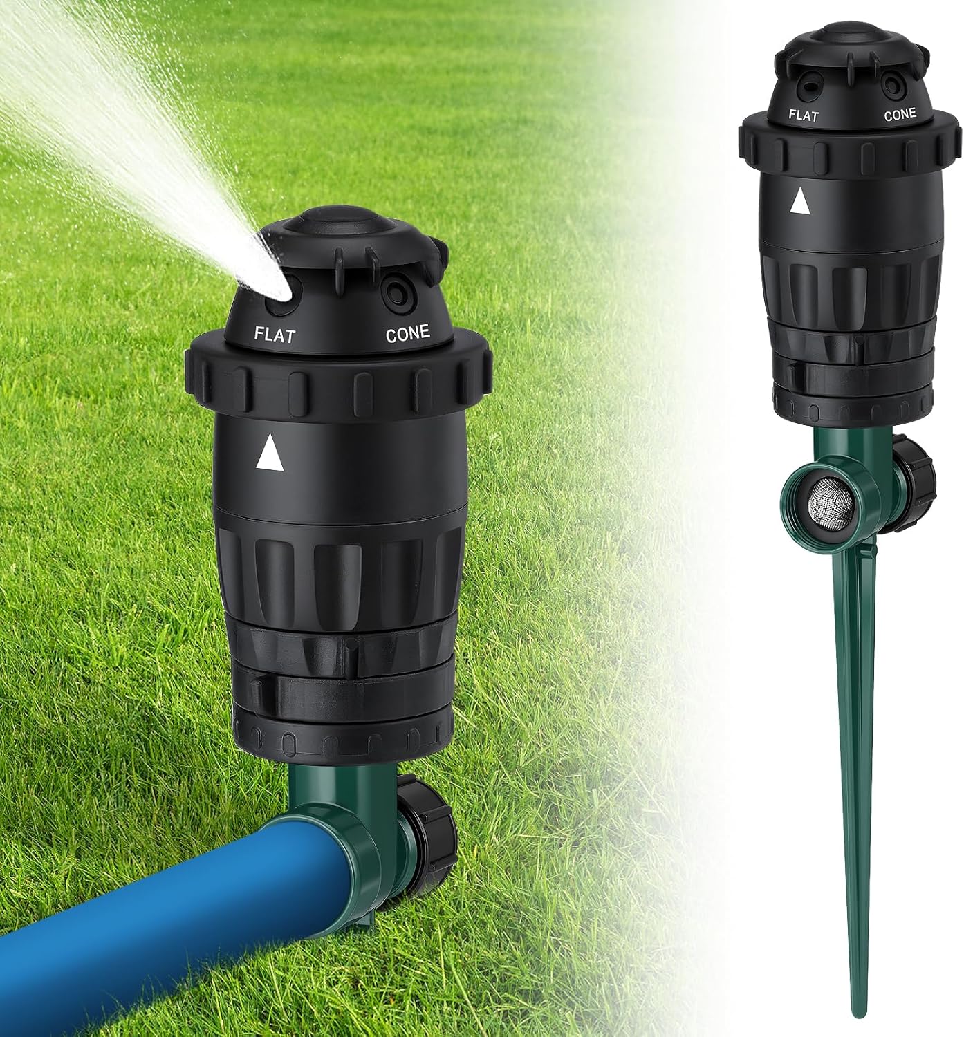 Sturdy Aluminum Alloy Spike Sprinklers for Yard - Adjustable Spray Coverage & 5 Spray Patterns Lawn Sprinkler, Efficient Irrigation System for Medium Large Garden Uneven Ground, 2 Pack