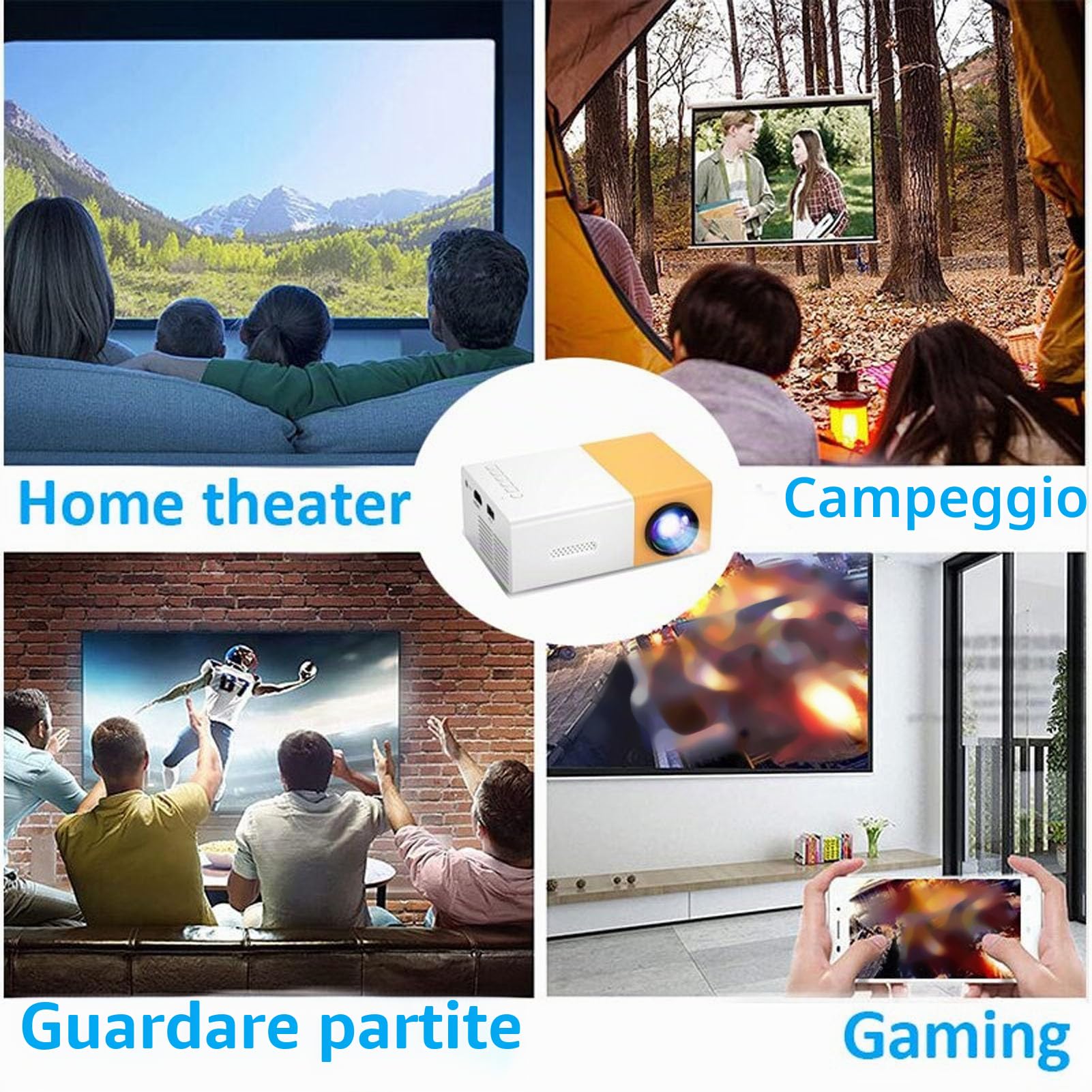 Mini Proiettore LED, Videoproiettore Home Theater Intelligente WiFi Full HD 1080P con Porte Multiple, Proiettore di Film Portatile da Viaggio per Esterni per PC Tablet (Spina