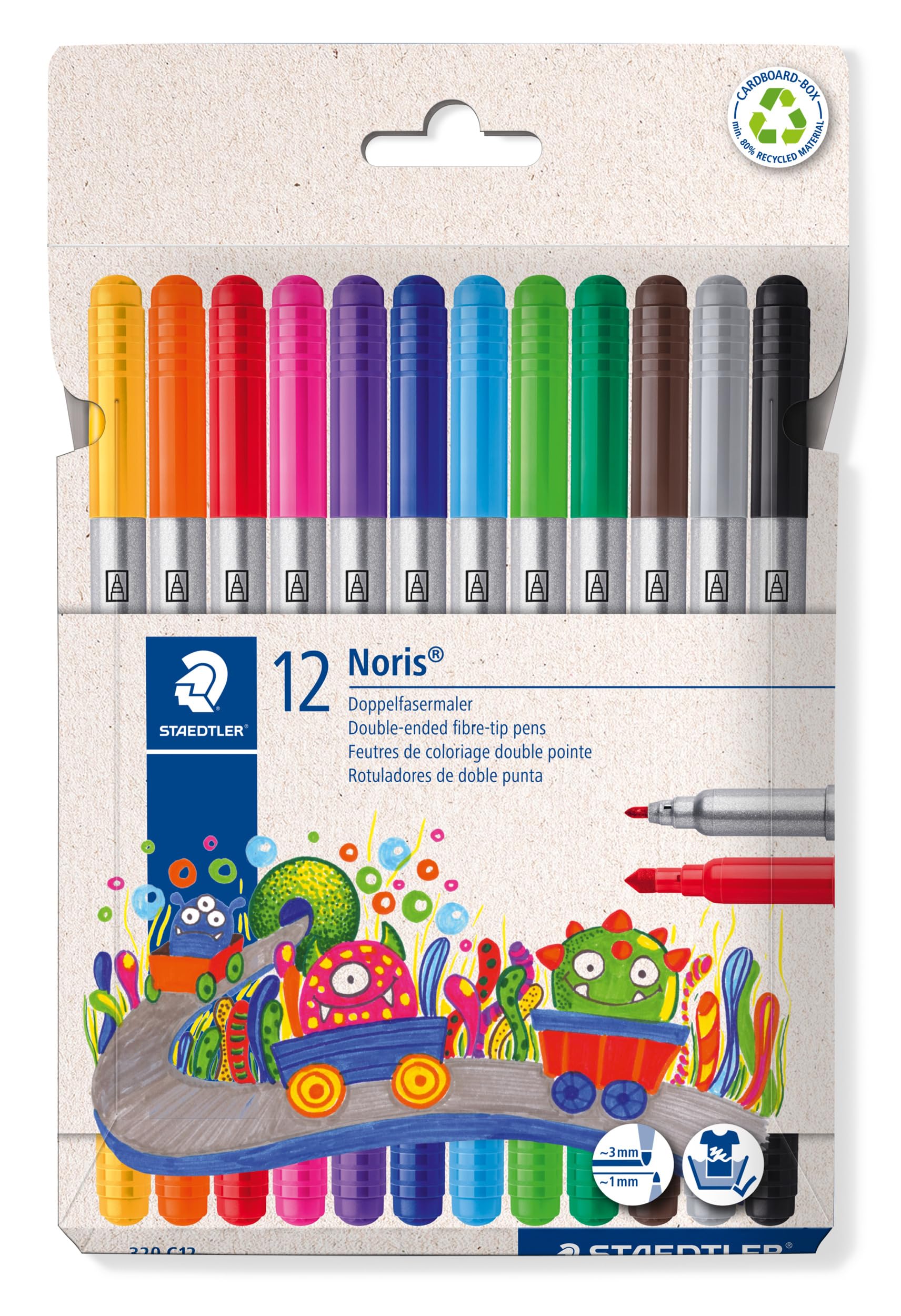 STAEDTLER Noris 320 320 - Rotuladores de doble fibra (lavable, ancho de trazo 1-3 mm, estuche de cartón con 12 rotuladores en colores surtidos, 320 C12)