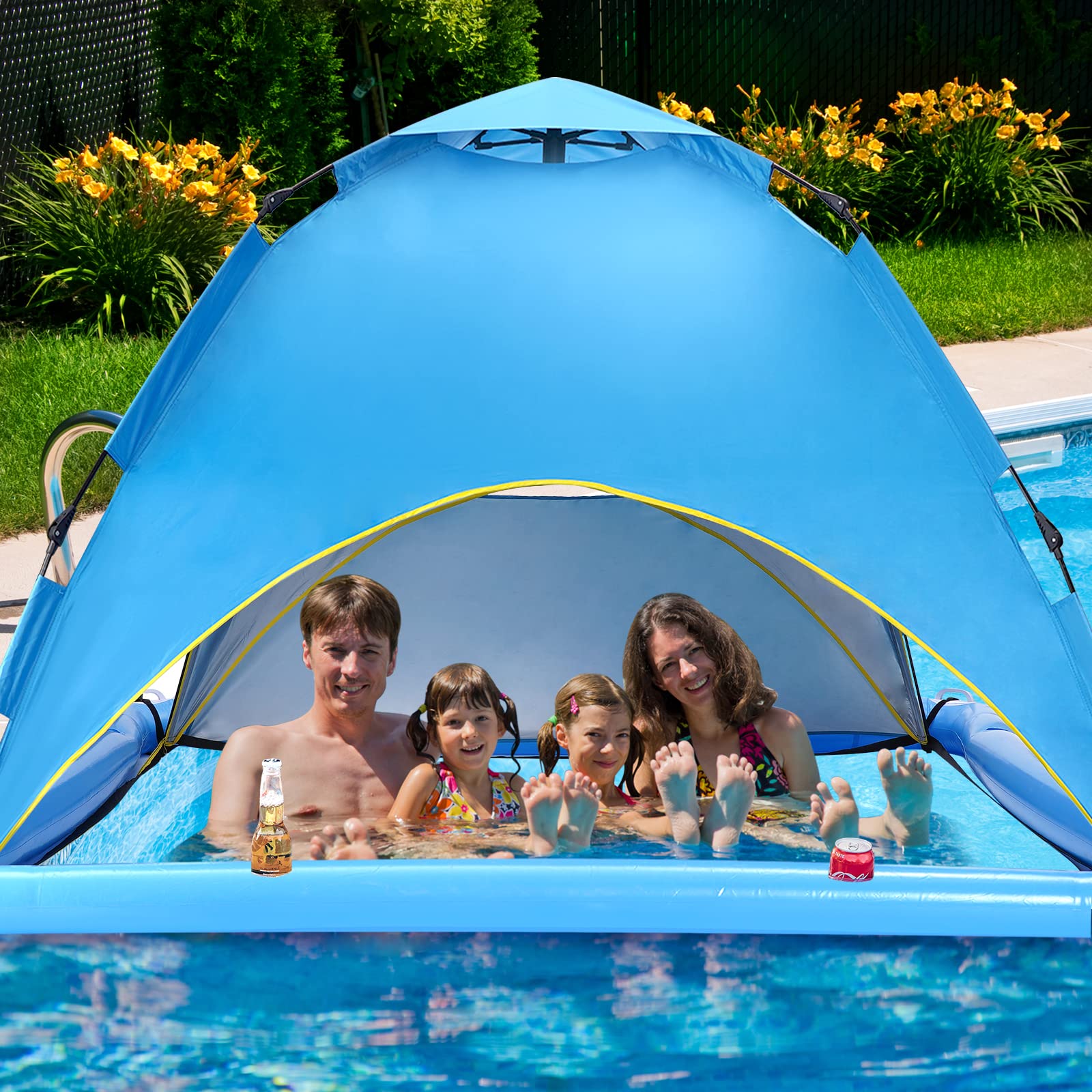 Sonnensegel für Schwimmbad, 2 Personen, automatisches Pop-Up-Pool, Spa, Sonnenschutz, UPF 50+, UV-Schutz und wasserdicht, schwimmendes Schattenzelt für Pool und See, mit Tragetasche (blau)