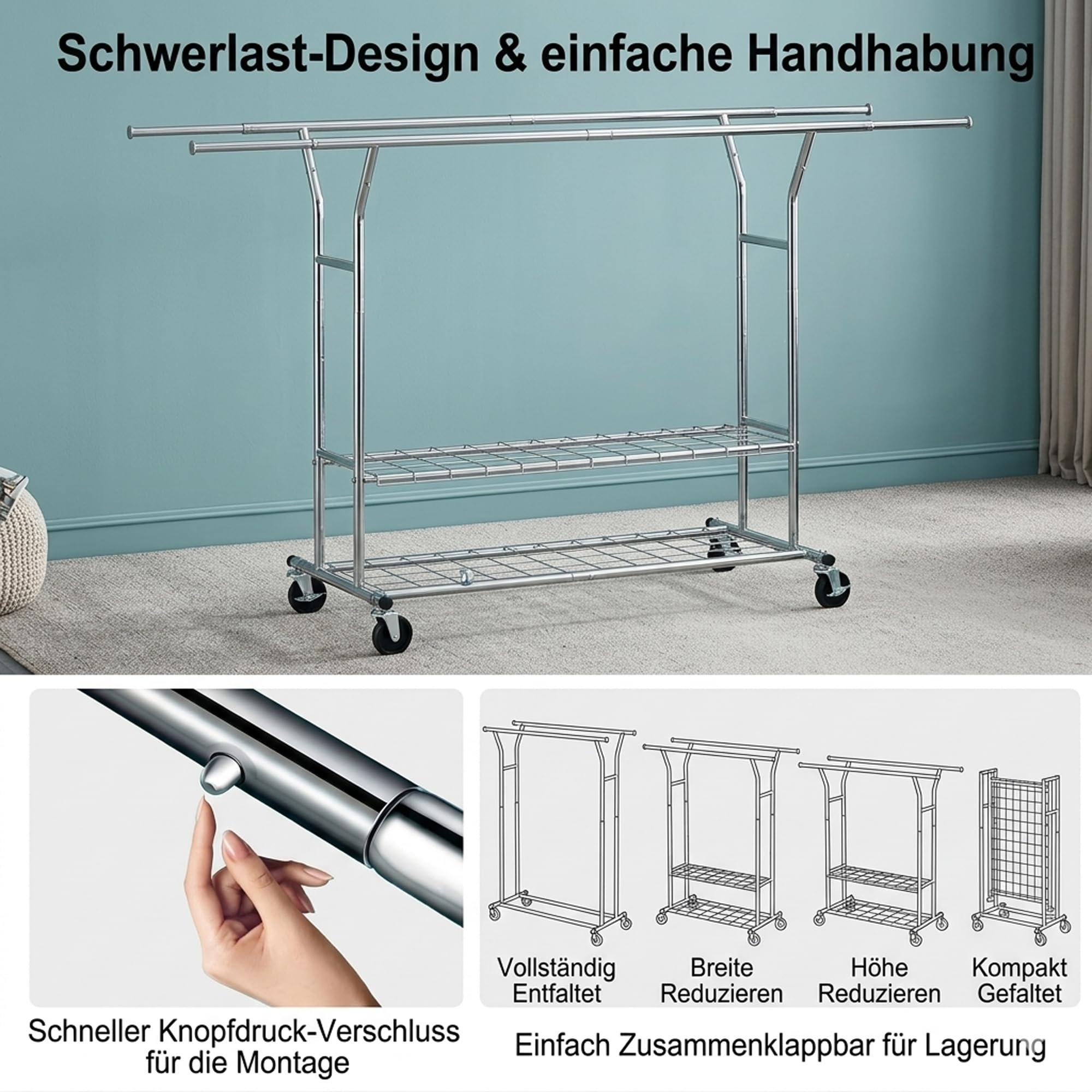Schwerlast Kleiderständer auf Rollen, Doppelte Kleiderstange bis 150 kg belastbar, Ausziehbar 130-190 cm, Industrie-Design Garderobenständer mit 2 Ablagen, Chrom