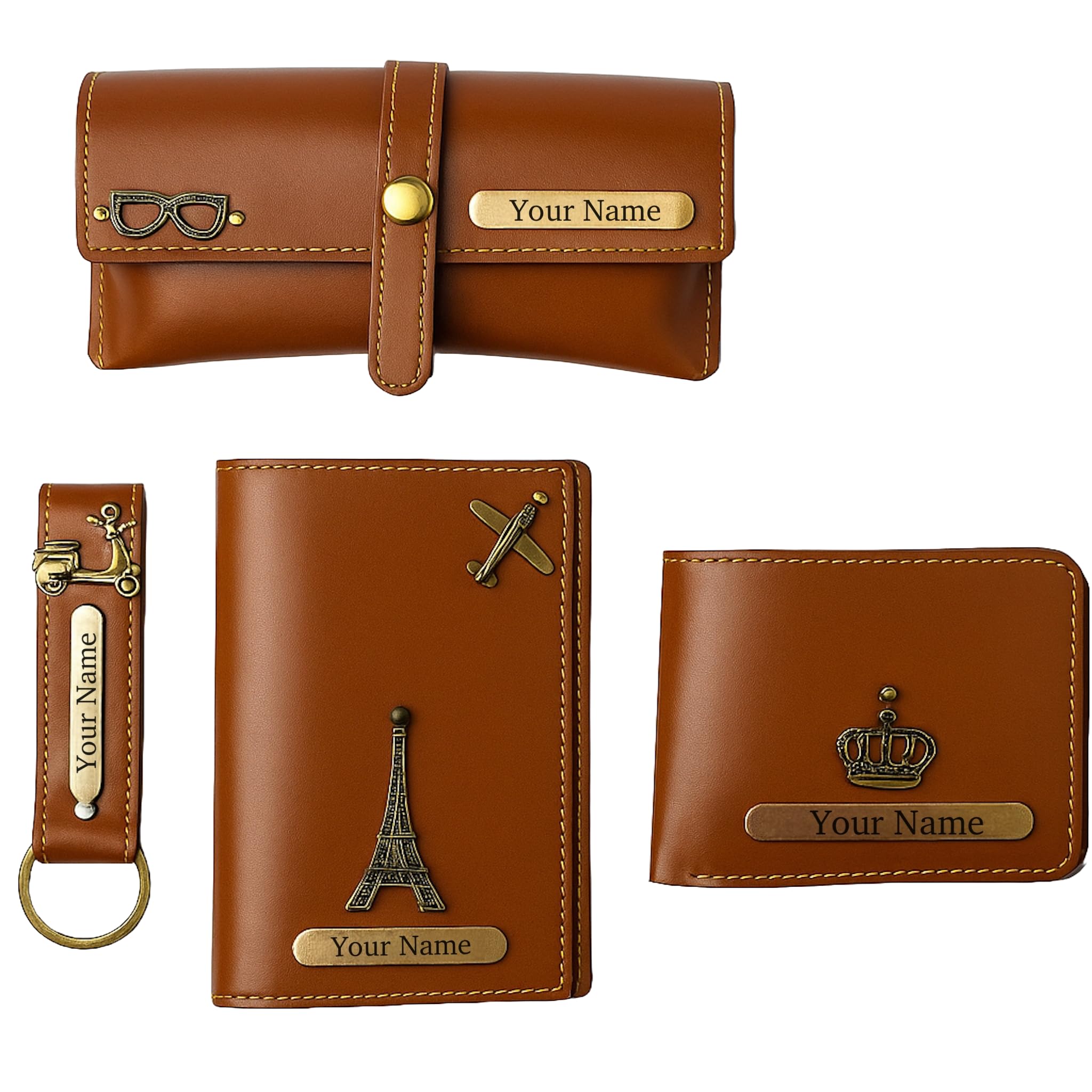 Personalized Gift Set Combo, Custom Name Wallet, Passport Cover, Keychain & Spectacle Case, Premium Vegan Leather Travel & Daily Use Accessories for Men & Women(Tan Brown)-image-38