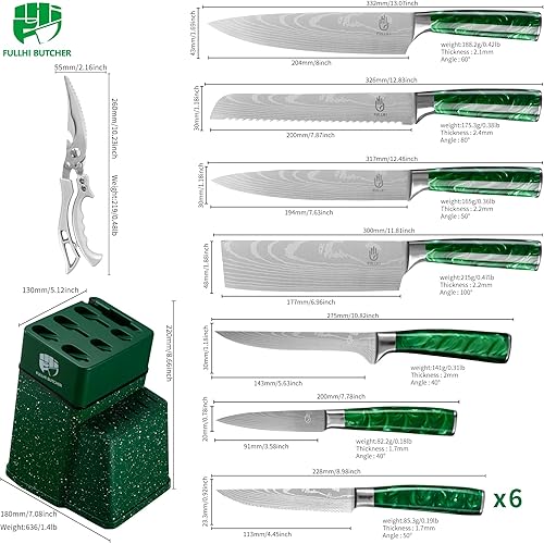 Miniatura 2 de FULLHI Juego de cuchillos de cocina de 14 piezas, cuchillos de chef con bloque y afilador, juego de cuchillos de cocina, mango multicolor, regalos