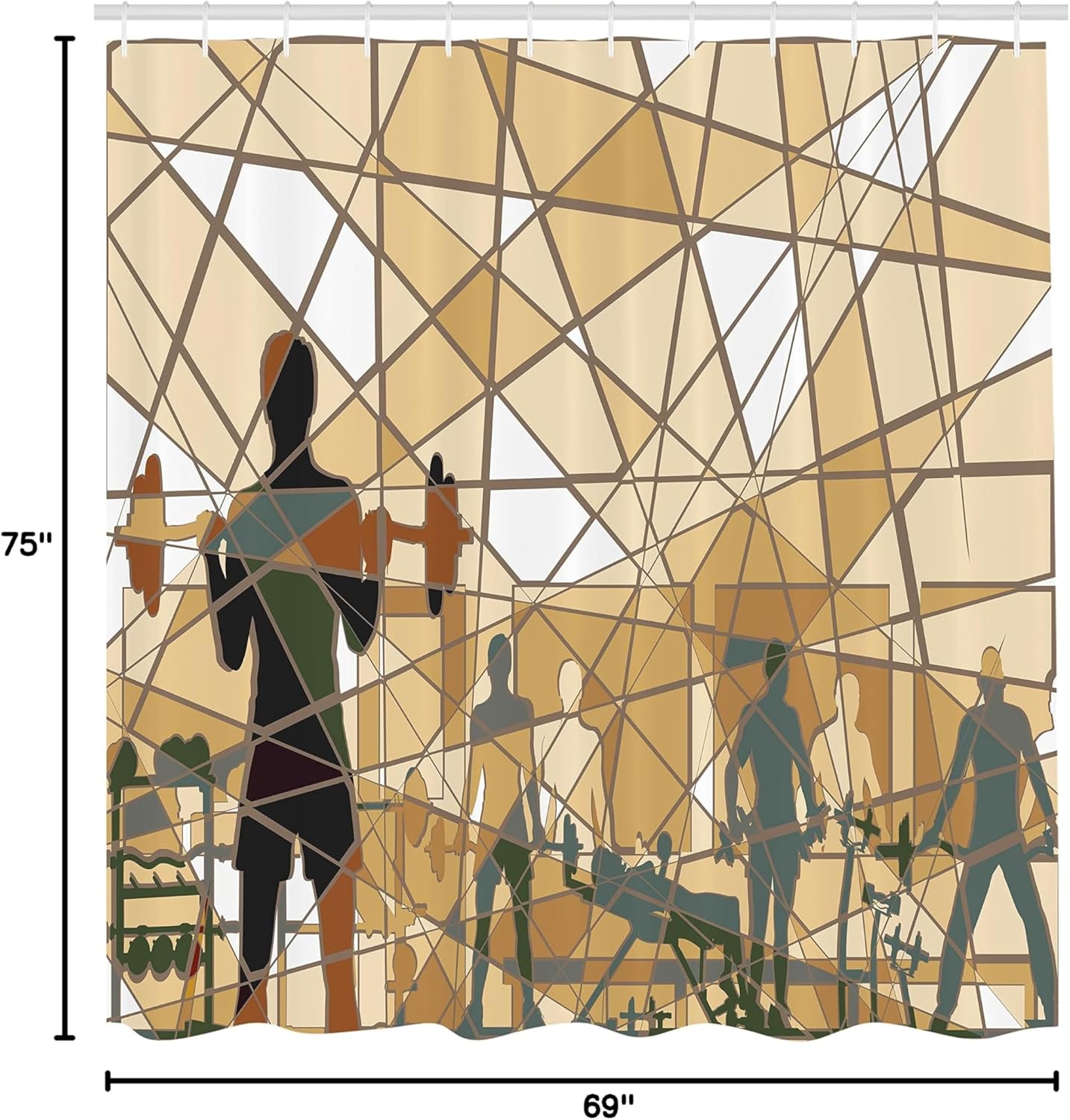 Ambesonne Fitness Shower Curtain, Mosaic Design of People Exercising in a Gym Barbells Weightlift, Cloth Fabric Bathroom Decor Set with Hooks, 69" W x 75" L, Slate Blue Pale Brown