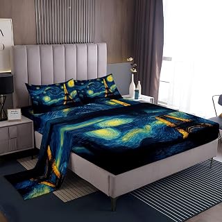 California King Sheets Set 4 Piece – Oil Painting The Eiffel Tower at Night Hotel Luxury Ultra Soft Microfiber Bed Sheets Set – Deep Pocket Wrinkle-Free Breathable All-Season Soft Bedding, Navy Blue