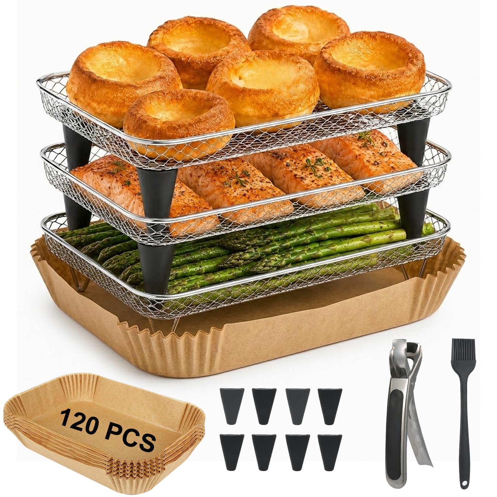 MAGLA Ninja Air Fryer Accessories Bundle for Dual Drawer: 3-Tier Stackable Stainless Steel Rack & 120 PCS Rectangular Paper Liners, with Anti-Scalding Tong & Silicone Brush, Fits AF300UK etc.