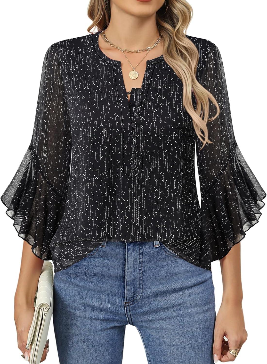 Timeson 3/4 Length Sleeve Womens Tops Dressy Casual Button Down V Neck Business Work Blouses - Image 3