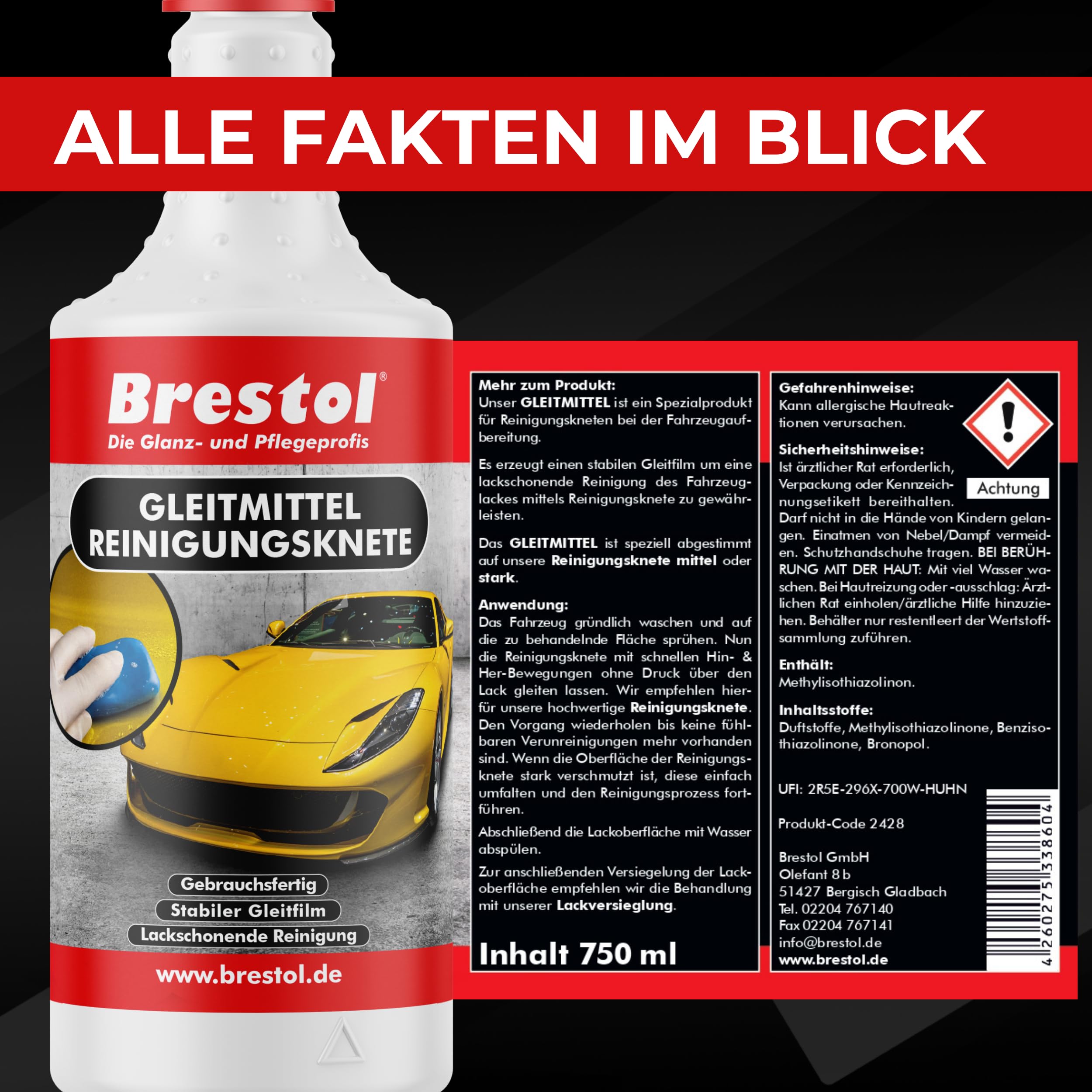 Brestol® Reinigungsknete Set2 200 g Knete blau + Box + 2X 750 ml Spezial GLEITMITTEL + 2X Poliertuch - Polierknete Lackknete Clay-Bar Auto-Lack-Knete - entfernt Baumharz Insekten u.v.m.
