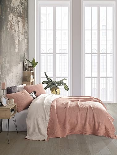 Miniatura 3 de Funda de cama rústica de gasa suave tamaño King de 4 y 8 capas, colcha suave azul, manta de muselina ligera (63 x 90 pulgadas, rosa rubor) MTB001