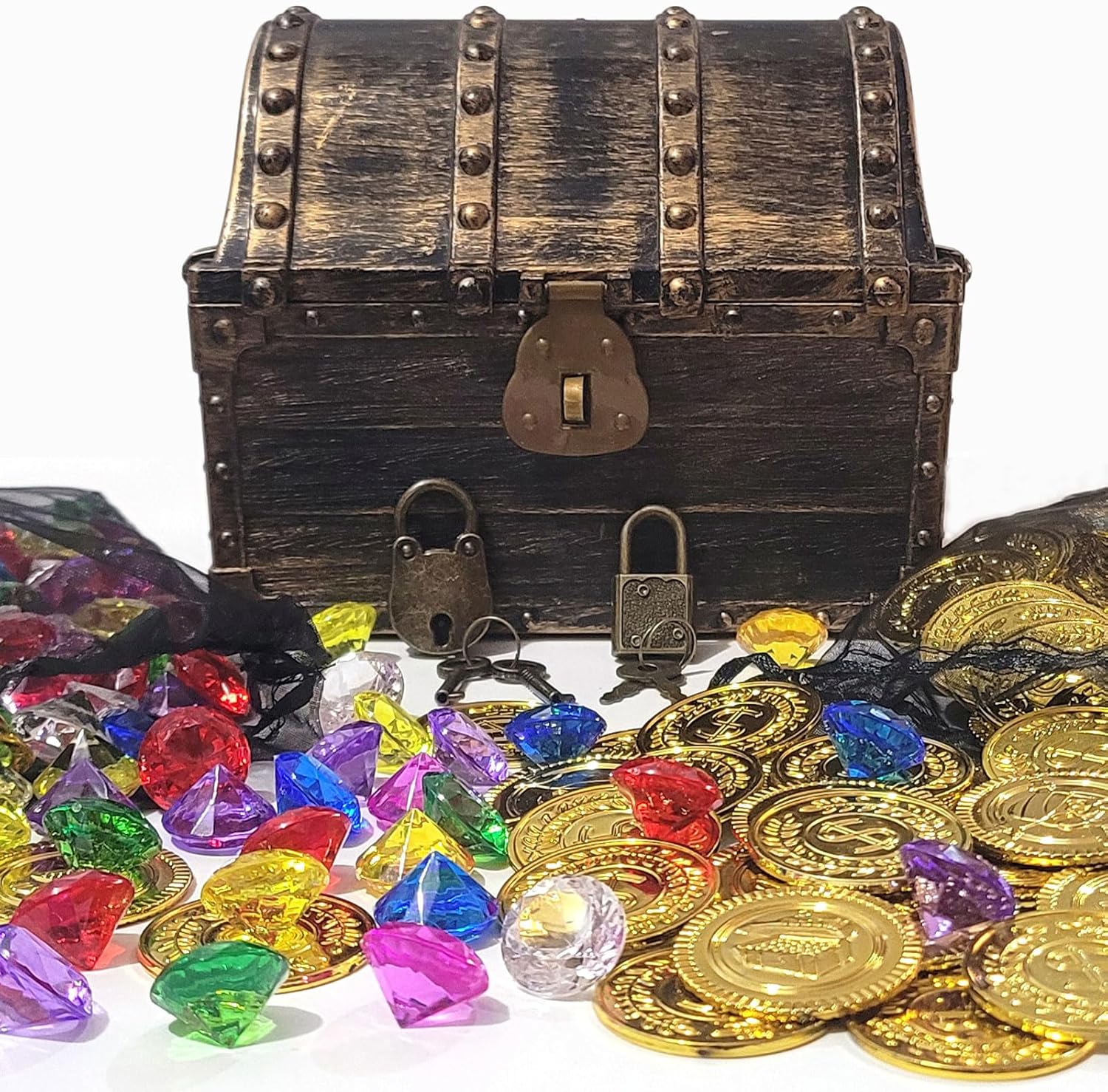 Treasure Chest for Kids Prizes,Plastic Treasure Chest with 288 Treasure Gold Coins and Gems,Jewels- Perfect for Pirate Themed Parties and Games