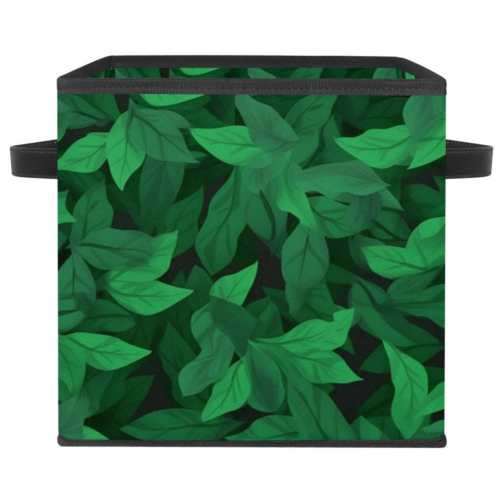 Boîte de rangement pliable cube avec poignées en cuir motif feuilles vertes