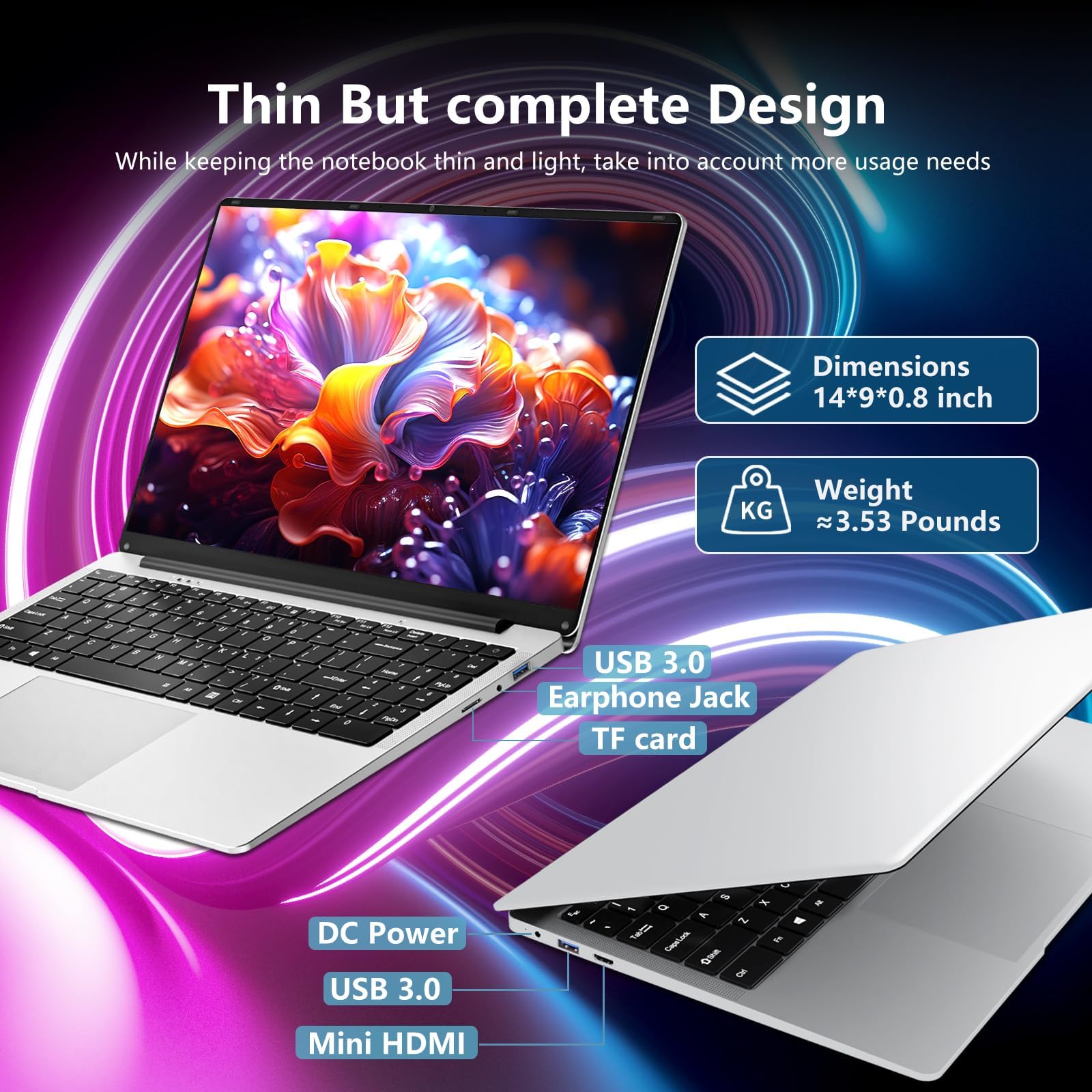 PC Portatile da 15,6 pollici, Computer portatile Celeron N4000, laptop 12GB RAM 256GB SSD, notebook Full HD 1920 x 1080, apertura e chiusura a 180 gradi, WiFi 5, Mini HDMI, TF Card Slot, USB3.0, BT4.2