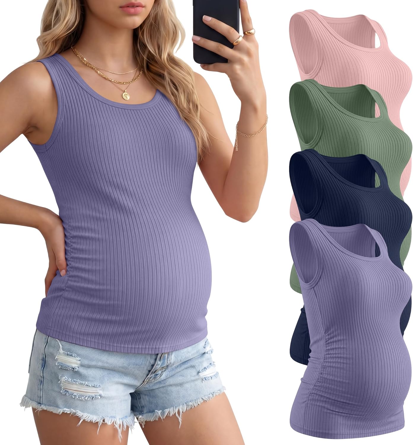 Ficerd 4 Pack Women's Maternity Tank Tops, Side Ruch Sleeveless Cotton Pregnancy Shirts Casual Ribbed Basic Maternity Clothes