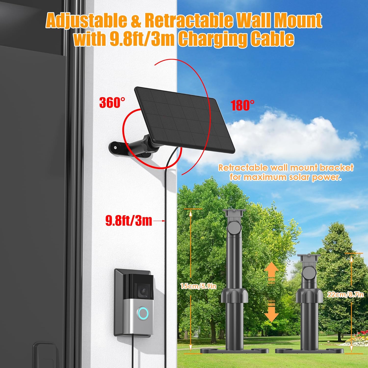 Solar Panel Charger for Ring Video Doorbell 3/3+/4, Battery Doorbell Plus/Pro with Mount Stand, 2-Prong Port, Solar Charger 10ft Charging Cable, 6W Waterproof Solar Panel, 5.9-8.7in Adjustable Mount